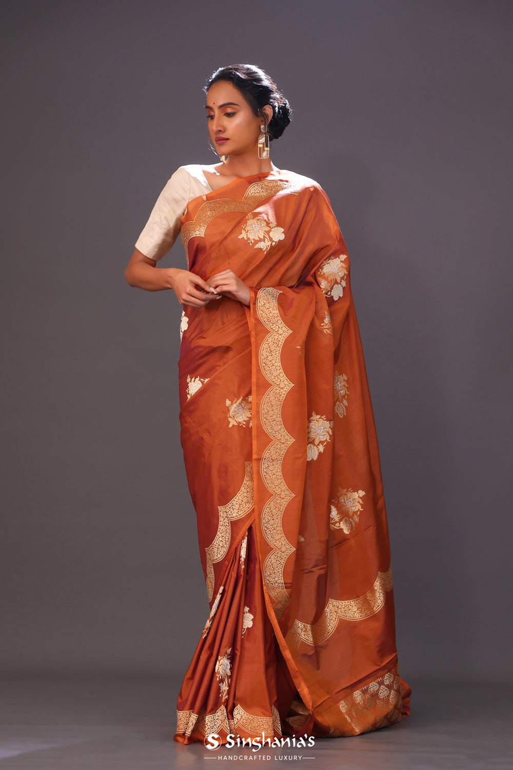 Burnt Orange Butta Banarasi Silk Saree