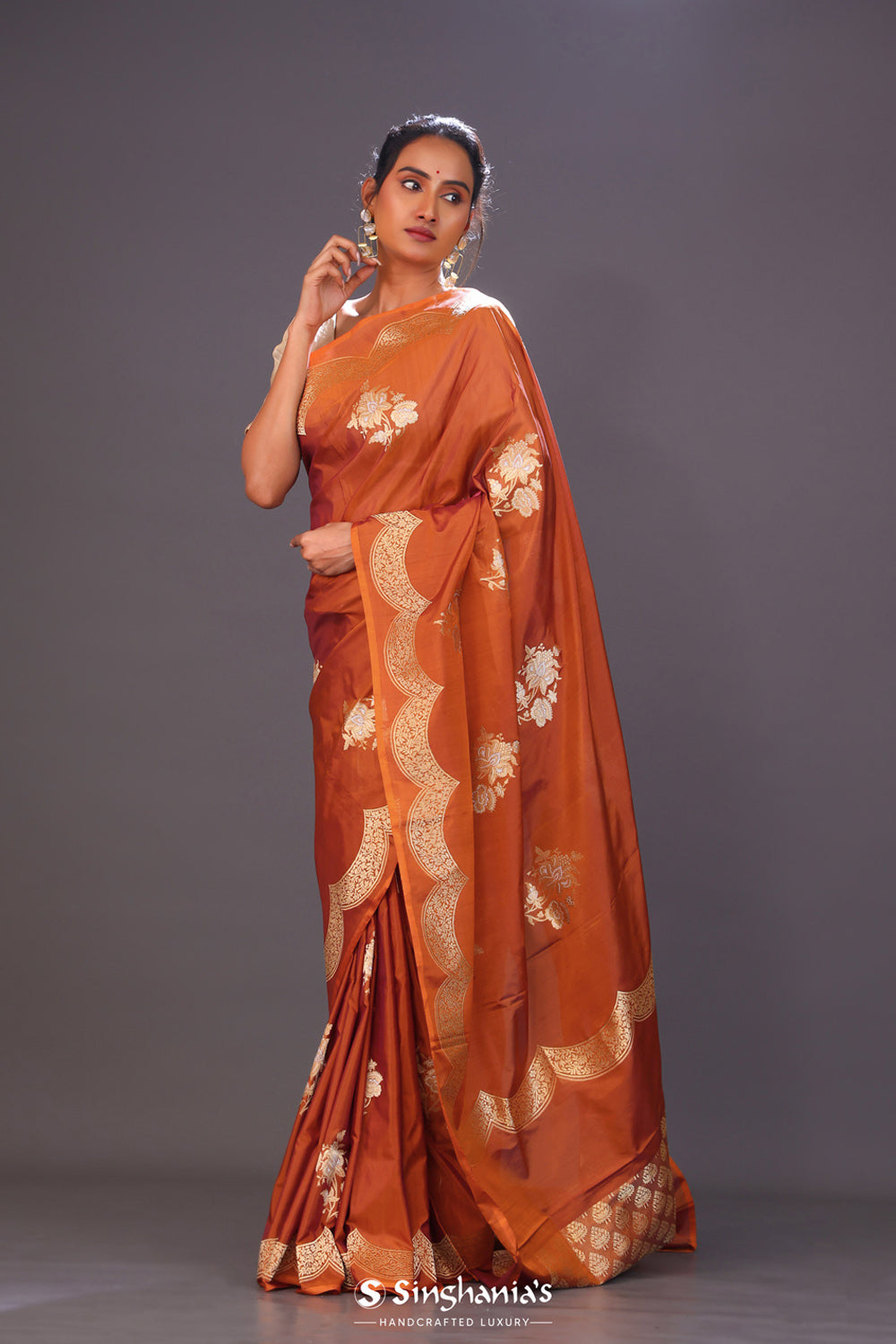 Burnt Orange Butta Banarasi Silk Saree