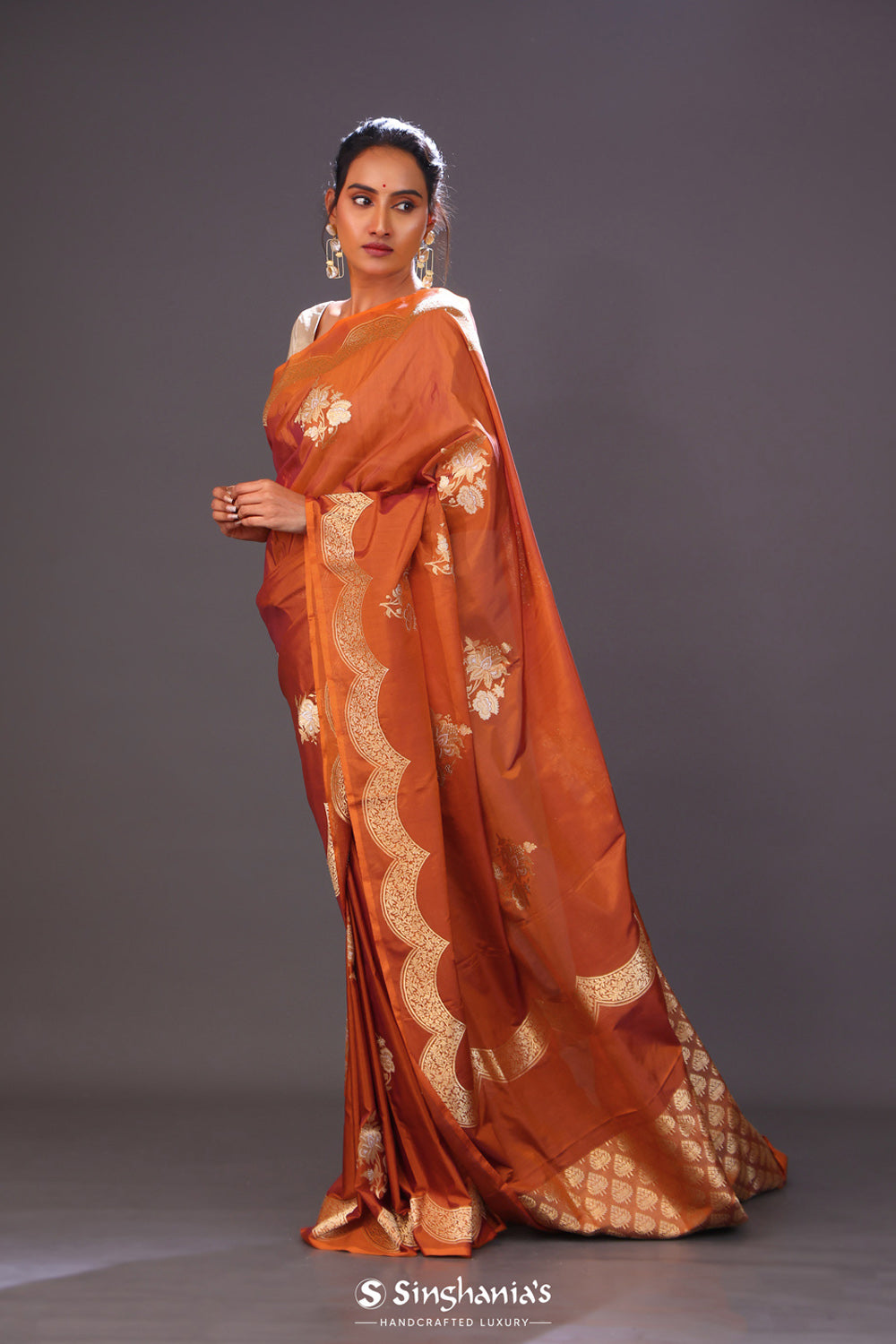 Burnt Orange Butta Banarasi Silk Saree