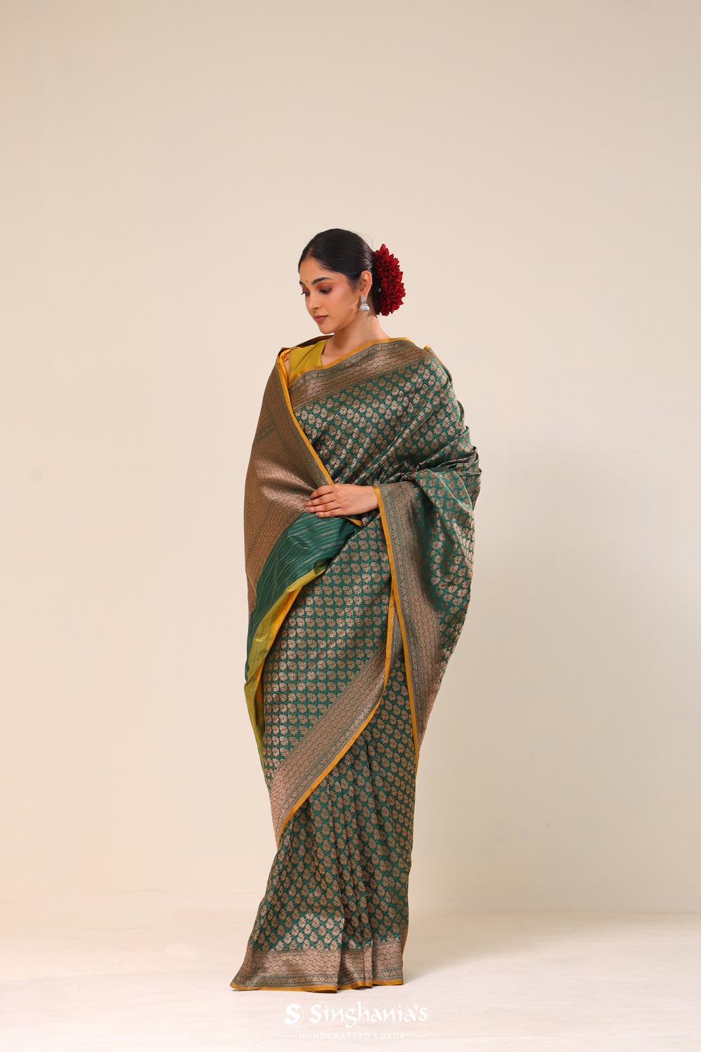 Bottle Green Chiniya Banarasi Silk Saree