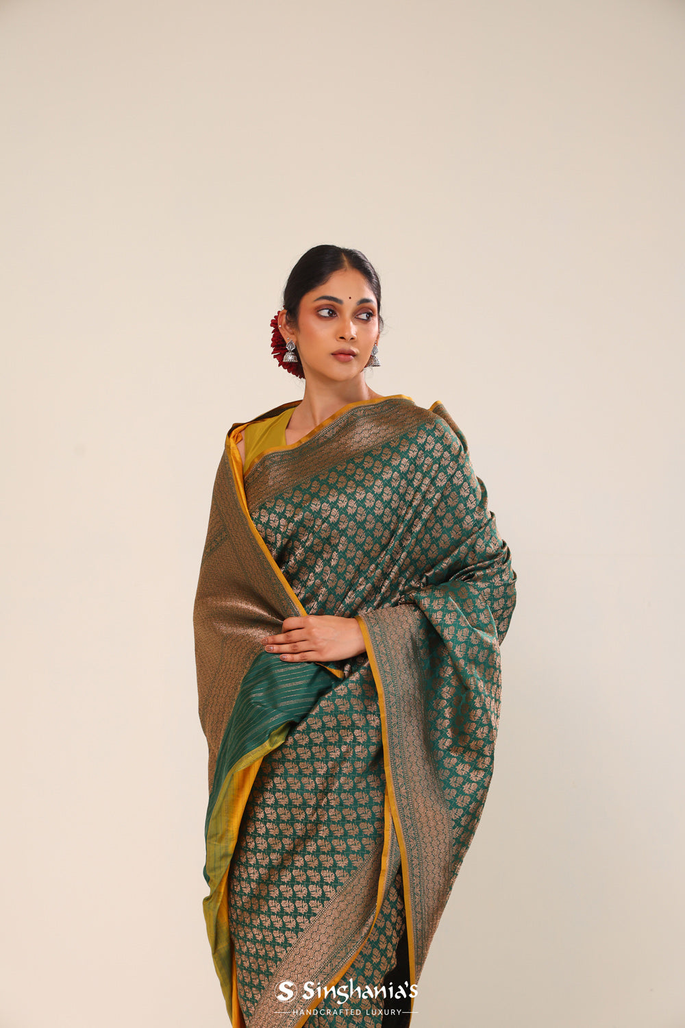 Bottle Green Chiniya Banarasi Silk Saree