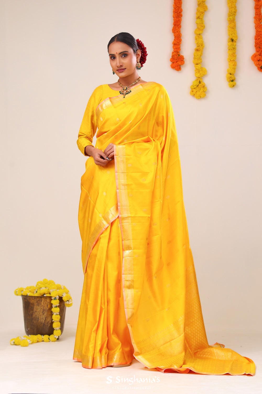 Vibrant Yellow Butti Kanjivaram Silk Saree