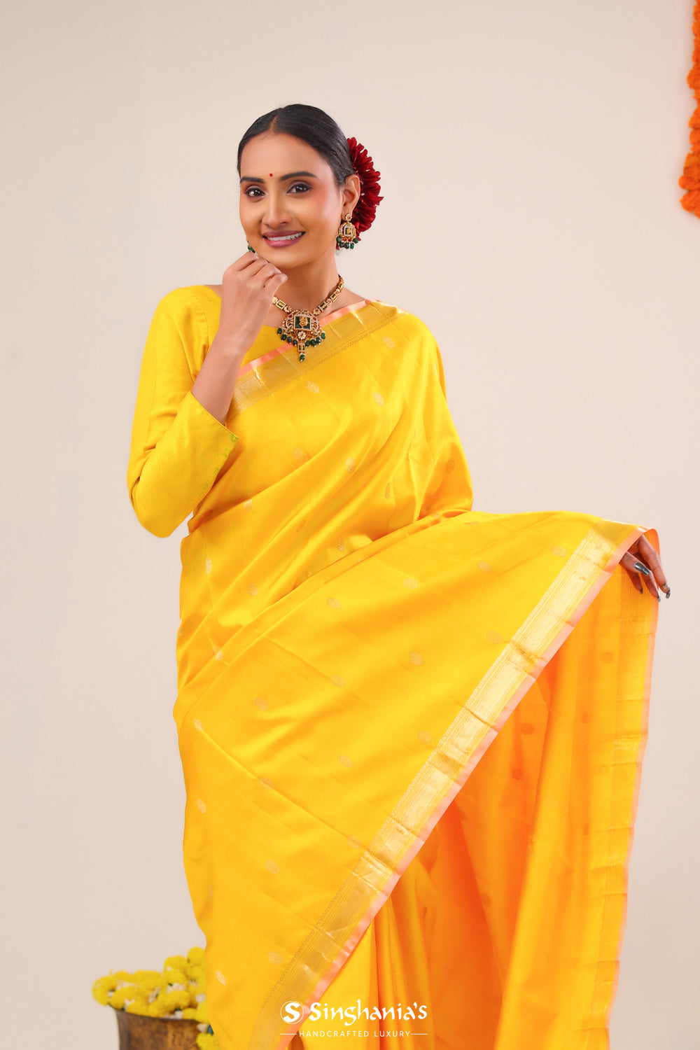 Vibrant Yellow Butti Kanjivaram Silk Saree