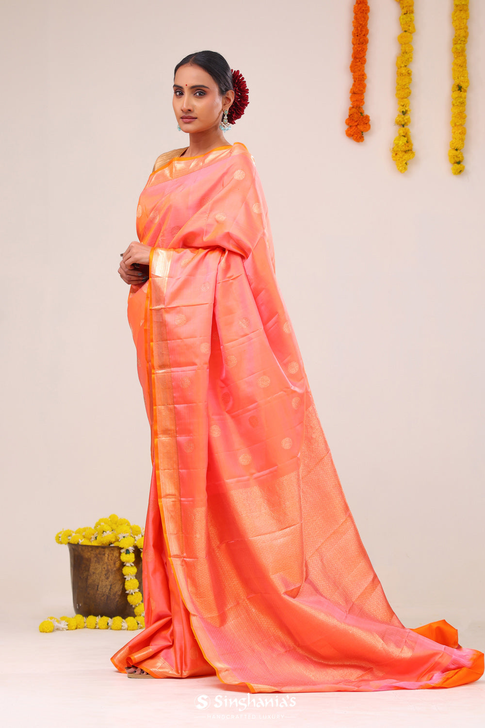 Georgia Peach Peacock Kanjivaram Silk Saree