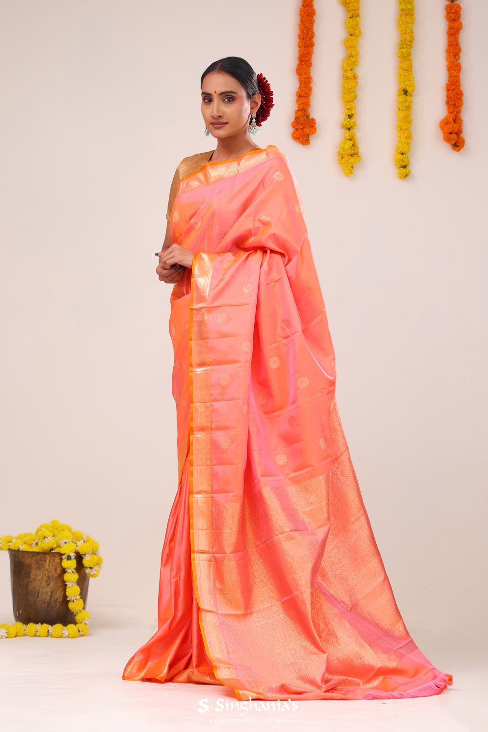 Georgia Peach Peacock Kanjivaram Silk Saree