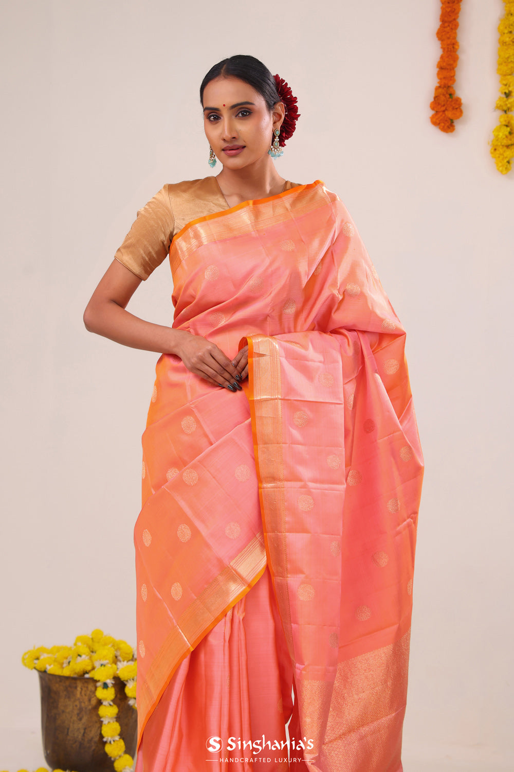 Georgia Peach Peacock Kanjivaram Silk Saree