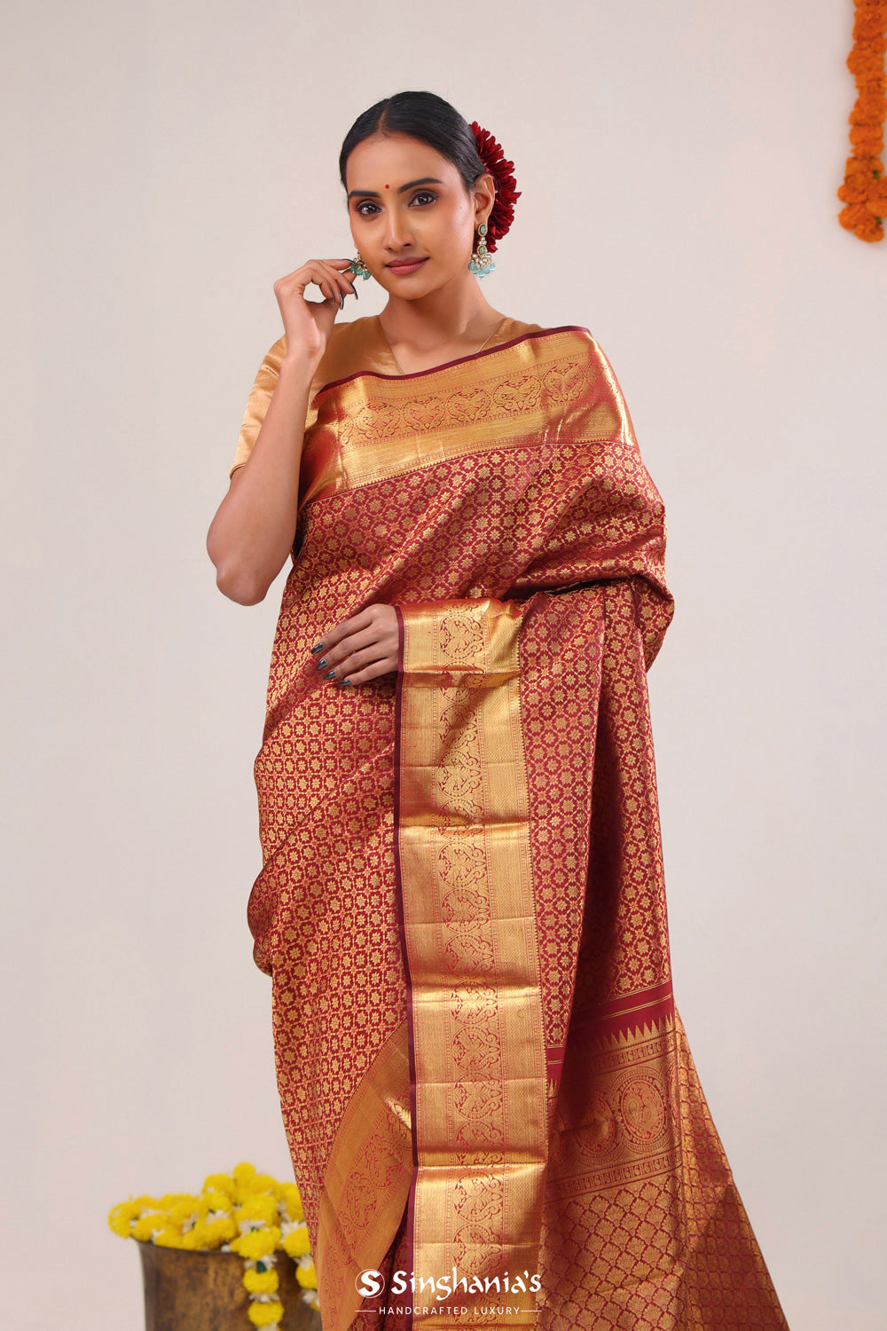 Deep Red Floral Jaal Kanjivaram Silk Saree