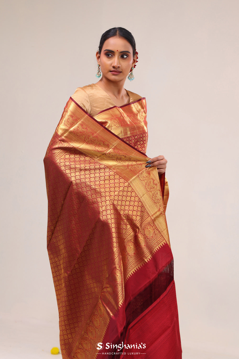 Deep Red Floral Jaal Kanjivaram Silk Saree