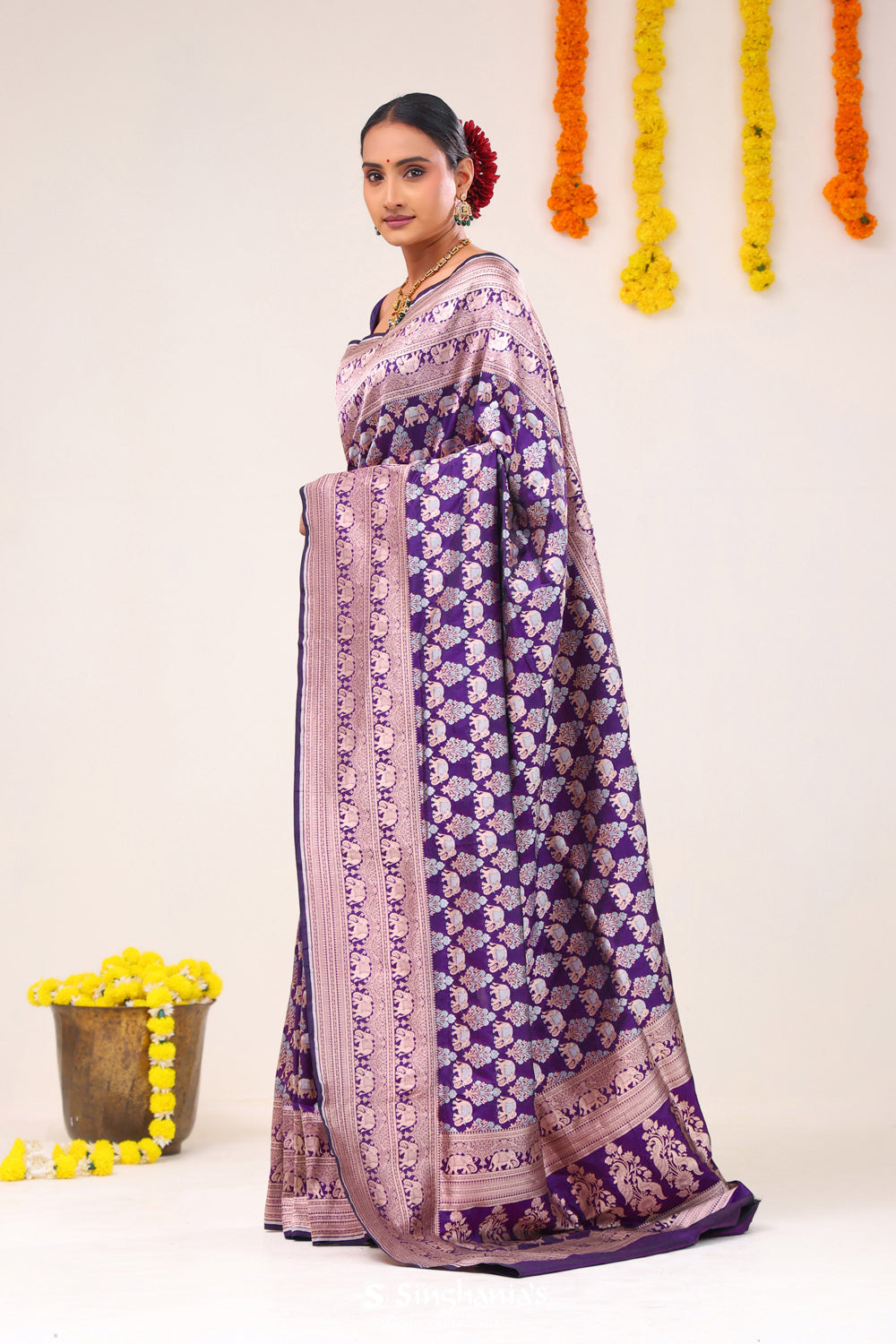 Dark Purple Elephant Banarasi Silk Saree