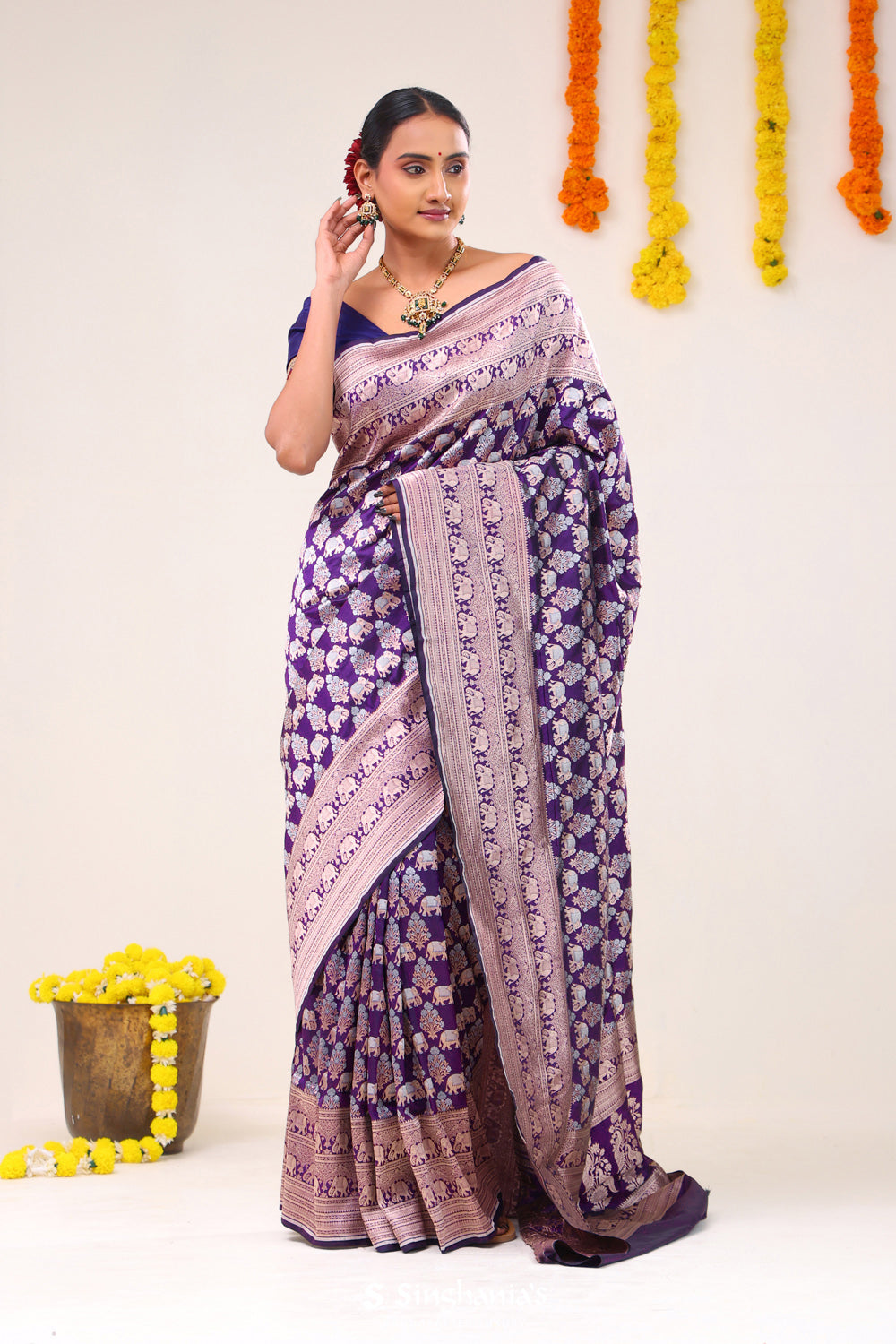 Dark Purple Elephant Banarasi Silk Saree