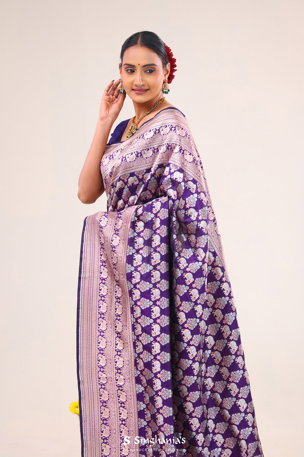 Dark Purple Elephant Banarasi Silk Saree