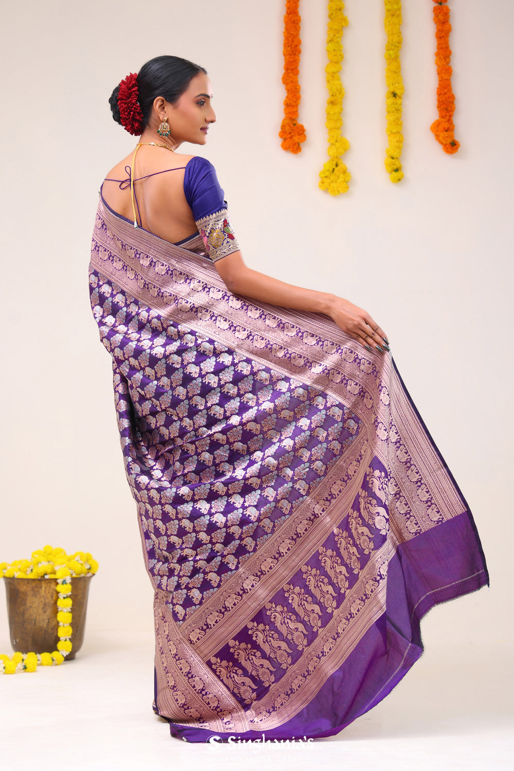 Dark Purple Elephant Banarasi Silk Saree