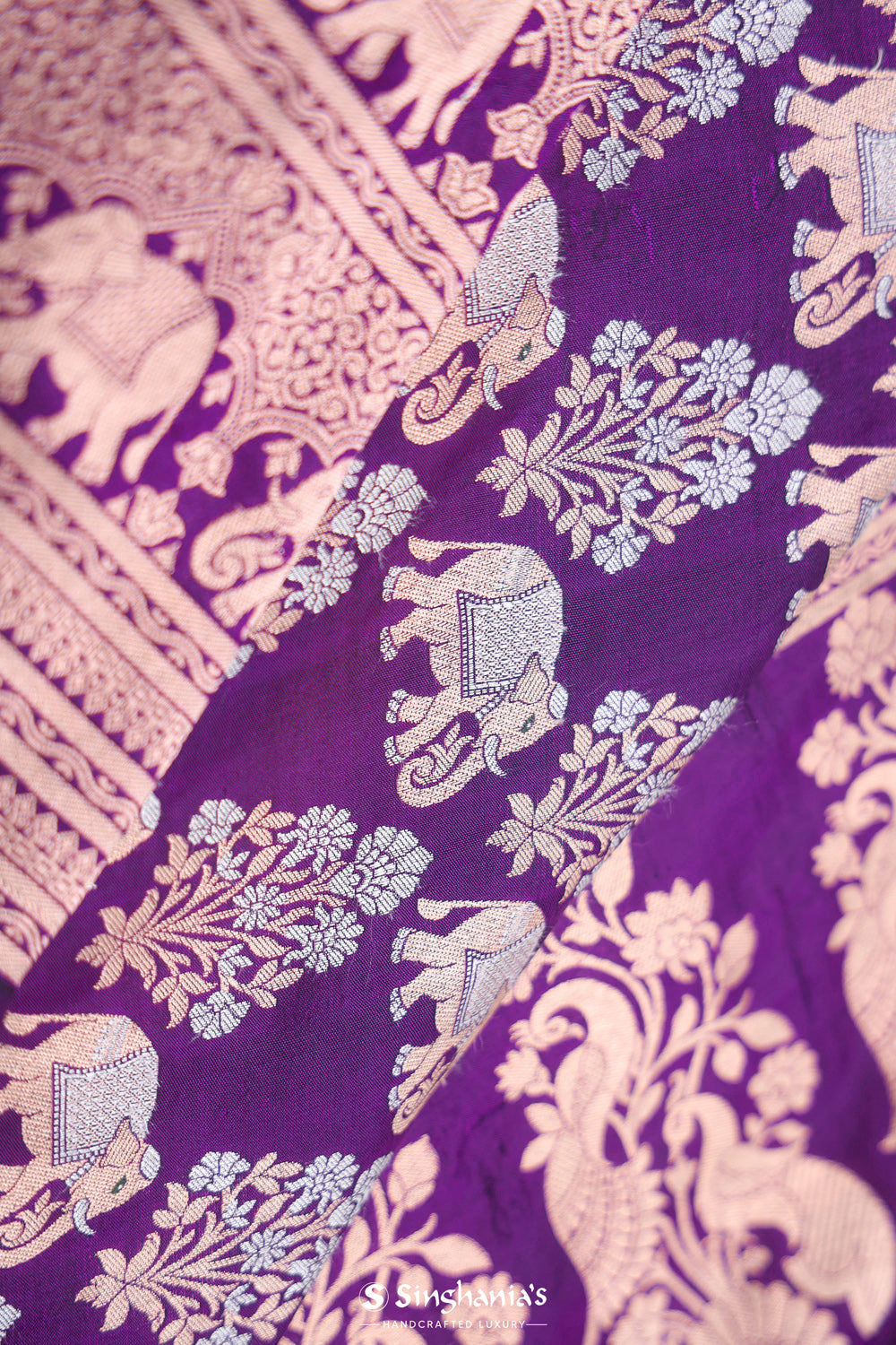 Dark Purple Elephant Banarasi Silk Saree