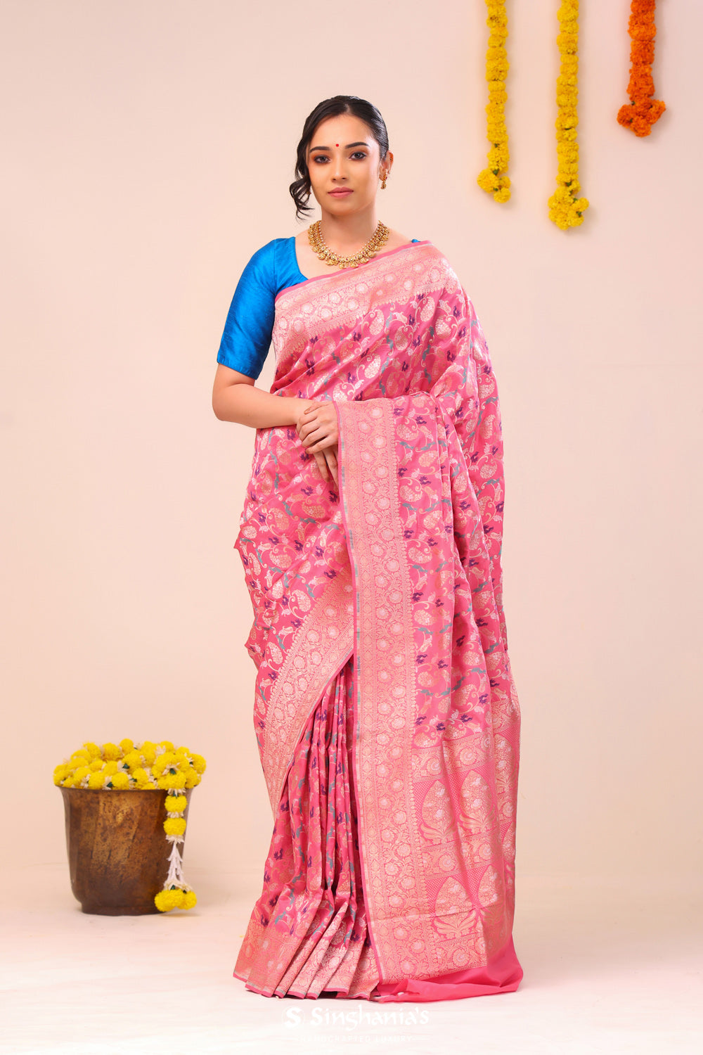 Flamingo Pink Peaocok Banarasi Silk Saree