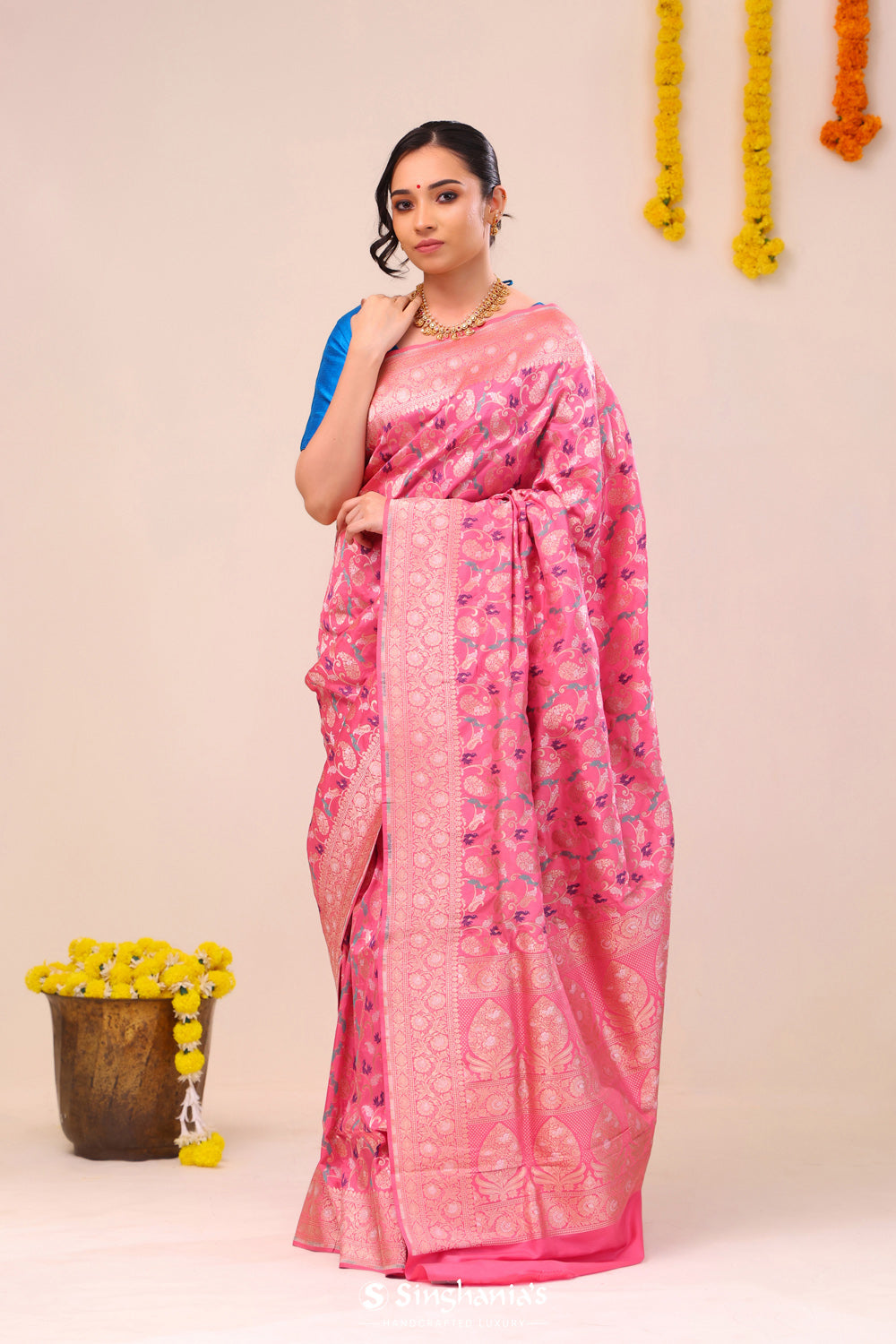 Flamingo Pink Peaocok Banarasi Silk Saree