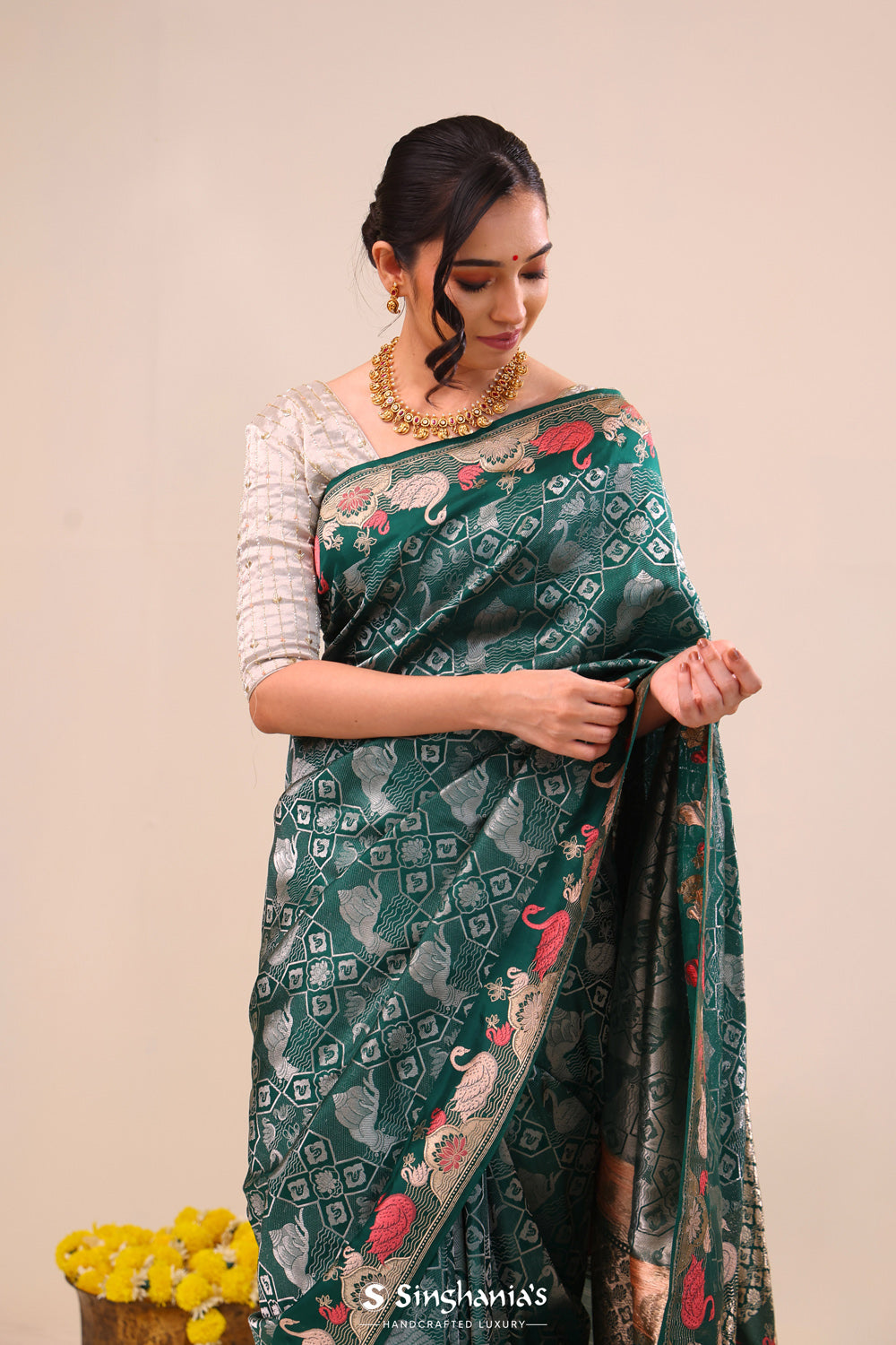 Bottle Green Jaal Banarasi Silk Saree