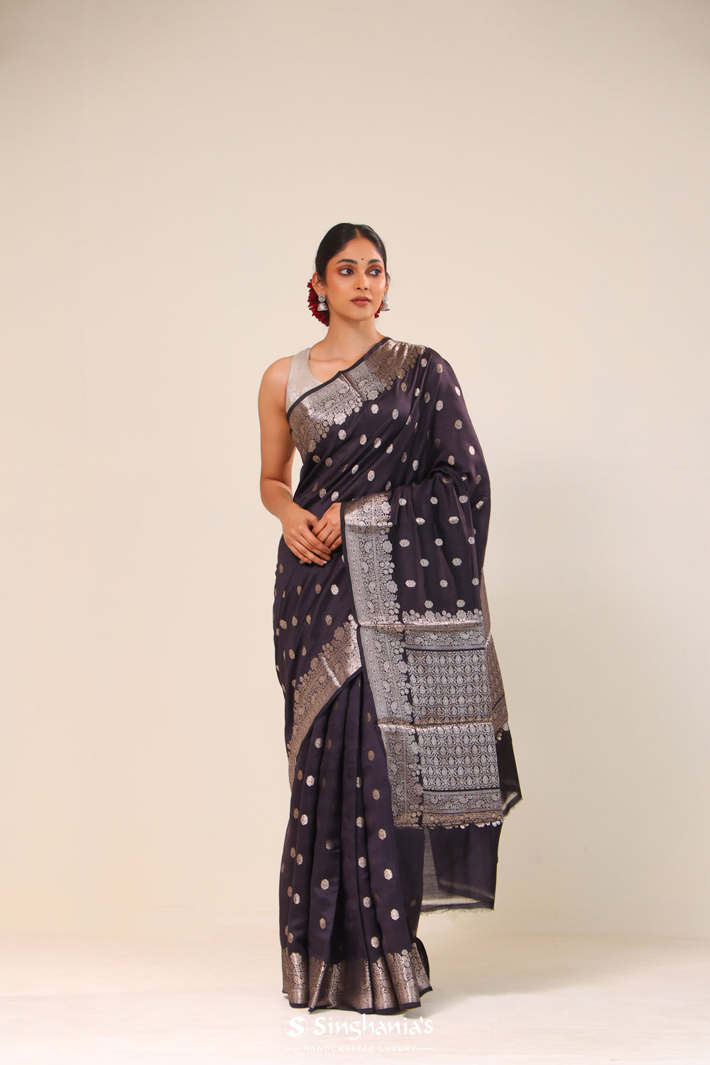 Jade Black Chiniya Banarasi Silk Saree