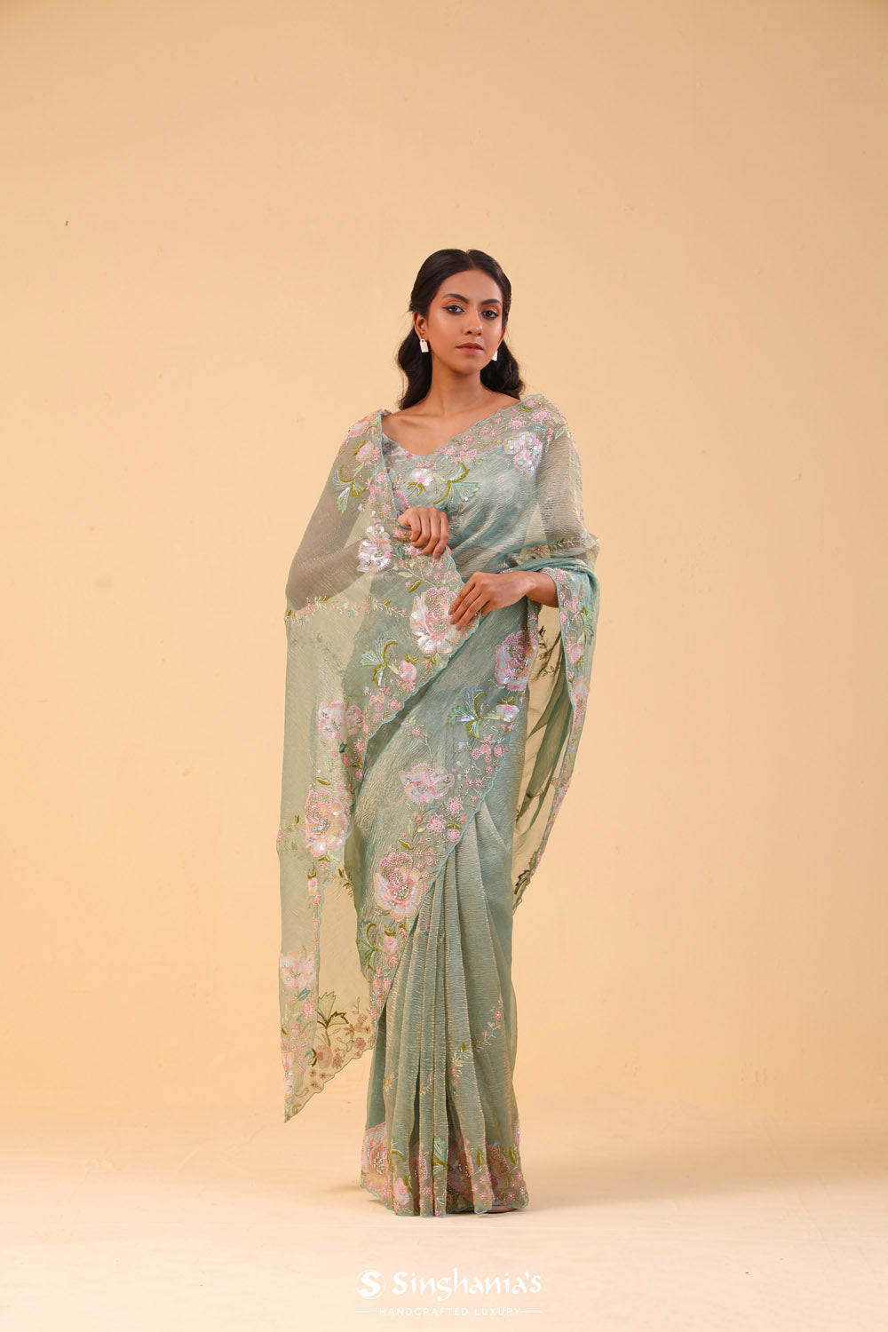 Tiffany Blue Crushed Tissue Handcrafted Saree