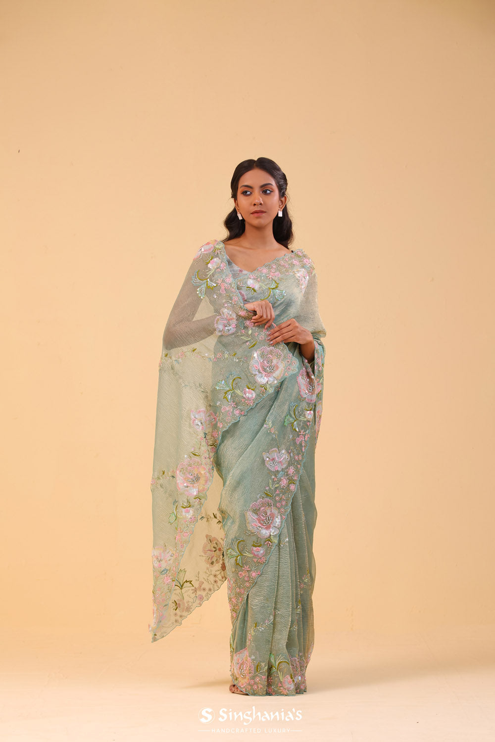 Tiffany Blue Crushed Tissue Handcrafted Saree