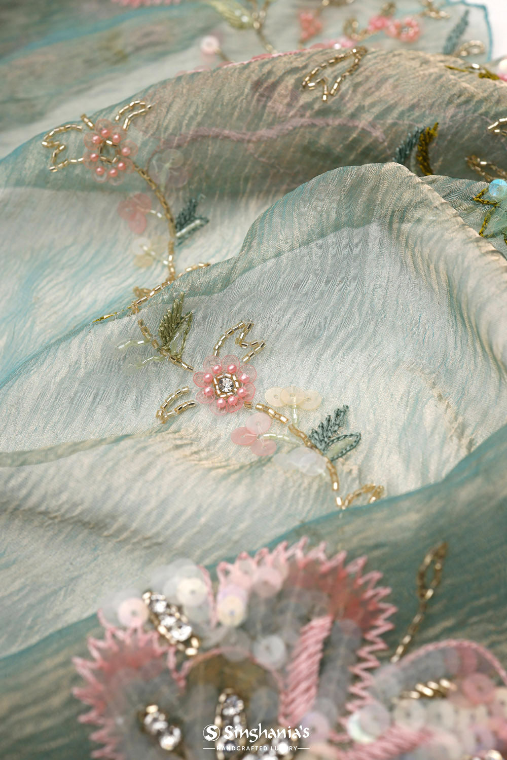 Tiffany Blue Crushed Tissue Handcrafted Saree