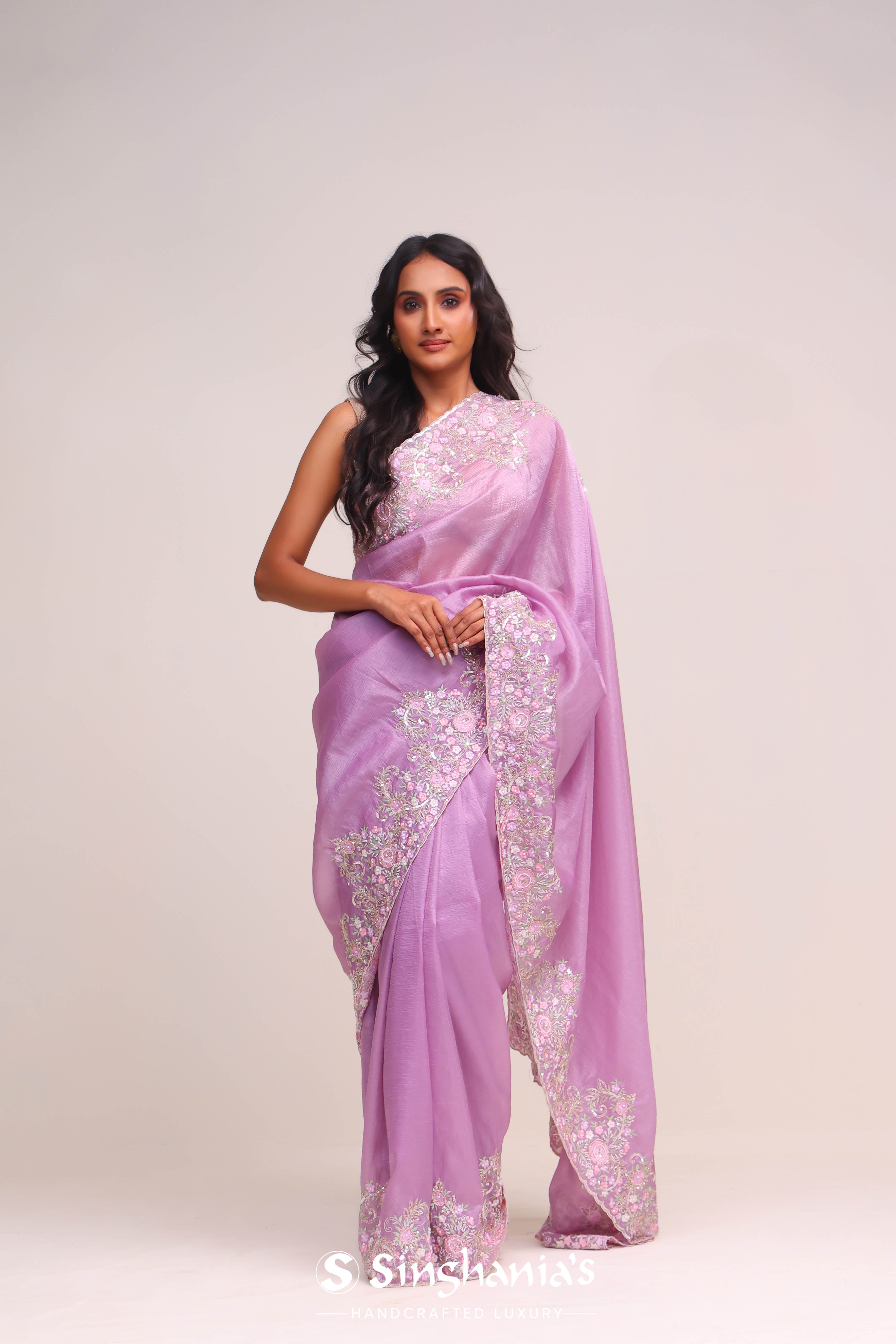 Mauve Purple Organza Handcrafted Saree