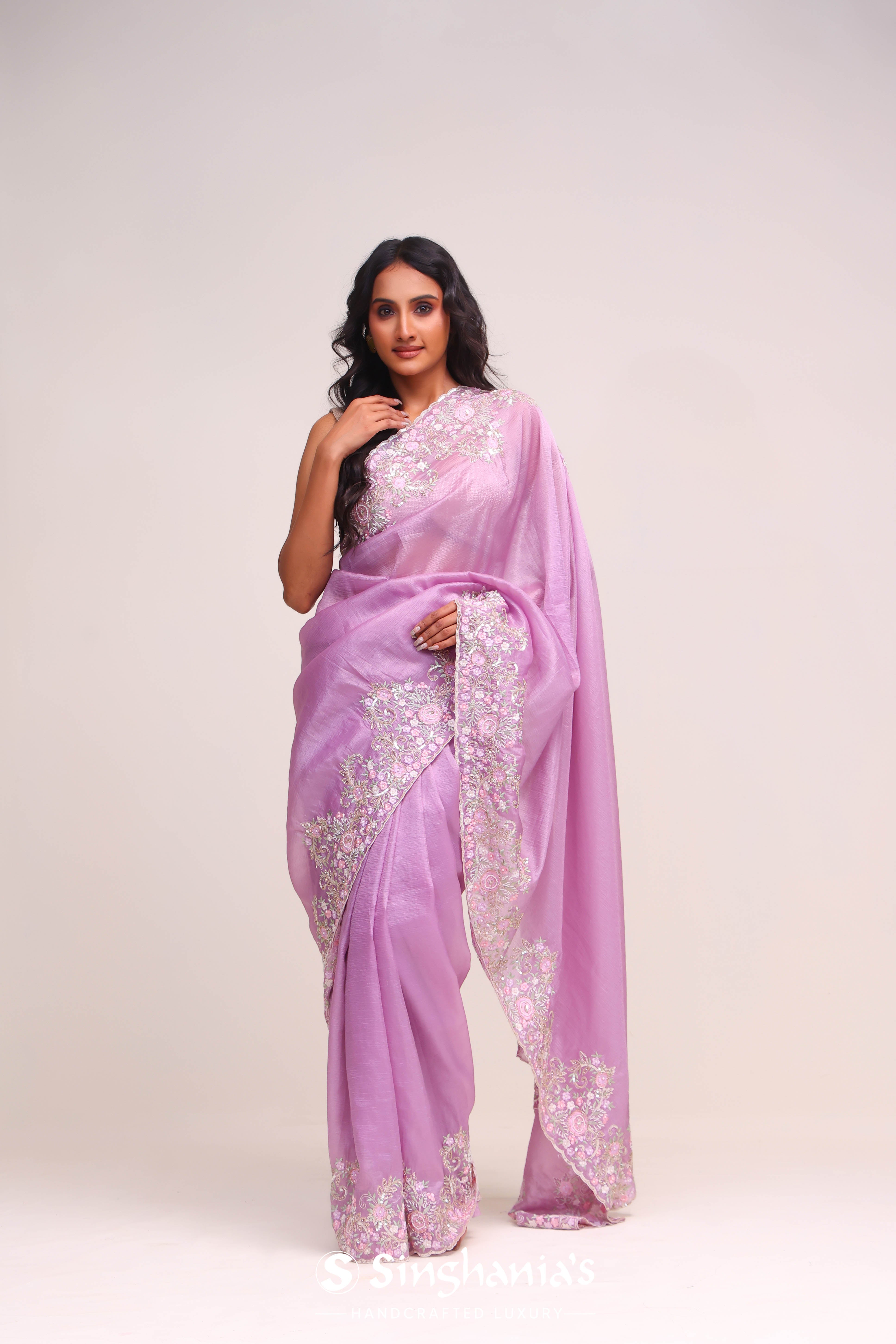 Mauve Purple Organza Handcrafted Saree