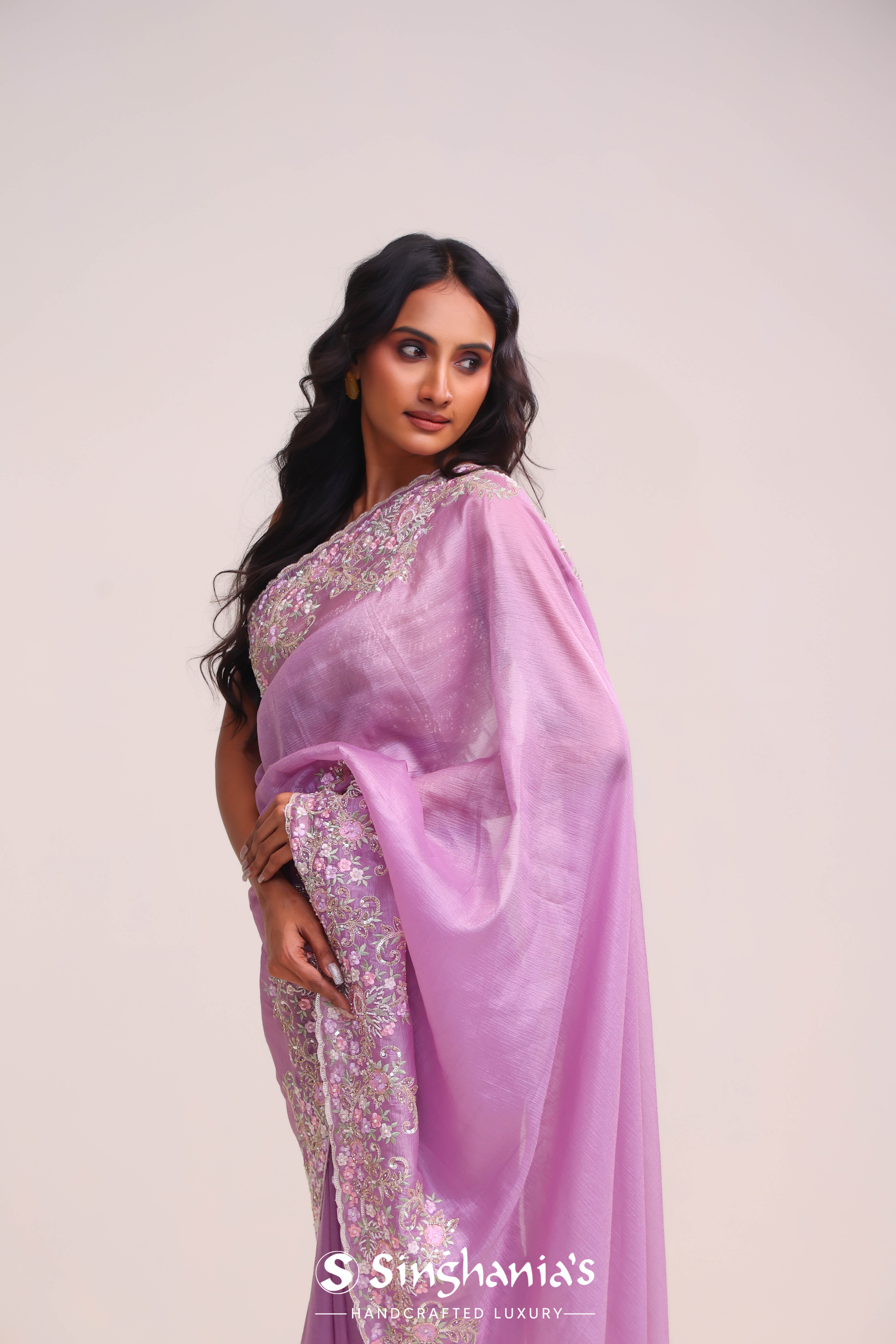 Mauve Purple Organza Handcrafted Saree