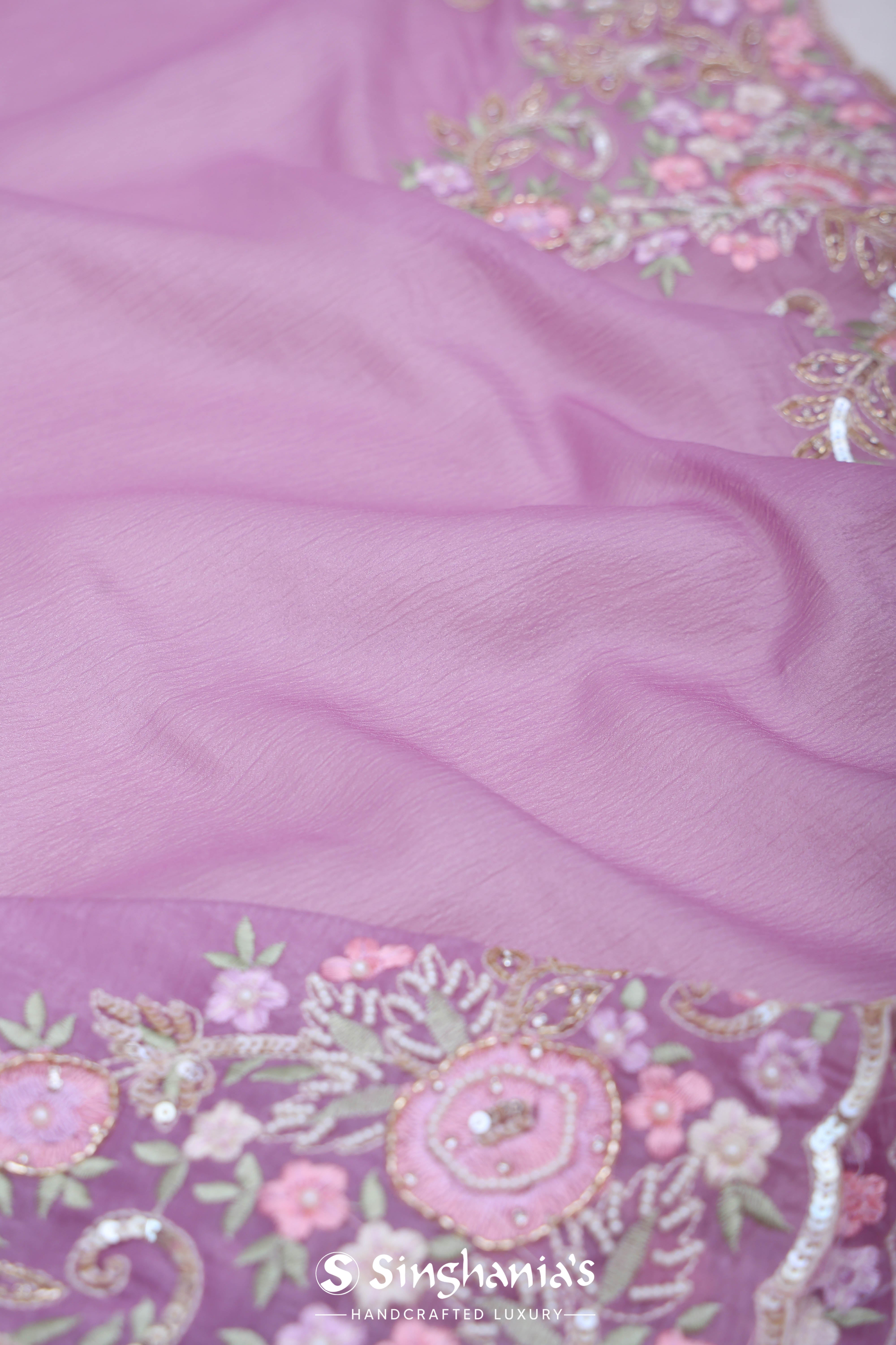 Mauve Purple Organza Handcrafted Saree