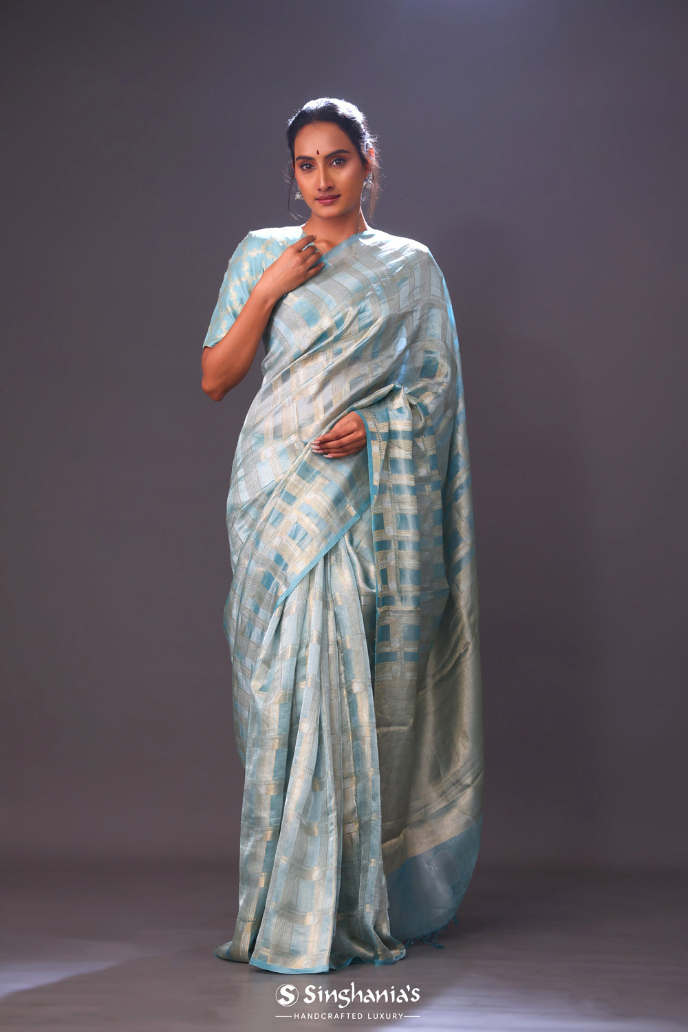 Powder Blue Tissue Chiniya Banarasi Saree