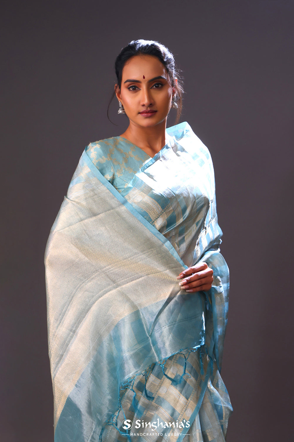 Powder Blue Tissue Chiniya Banarasi Saree