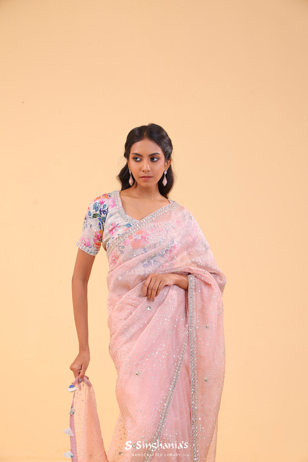 Pearl Pink Organza Handcrafted Saree