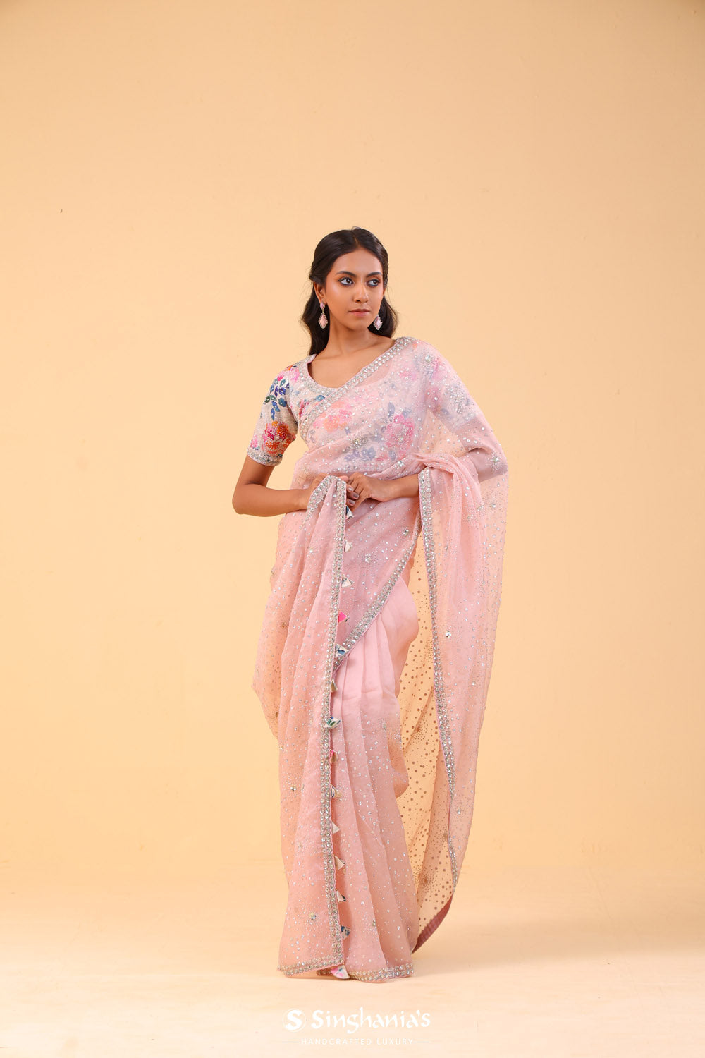 Pearl Pink Organza Handcrafted Saree