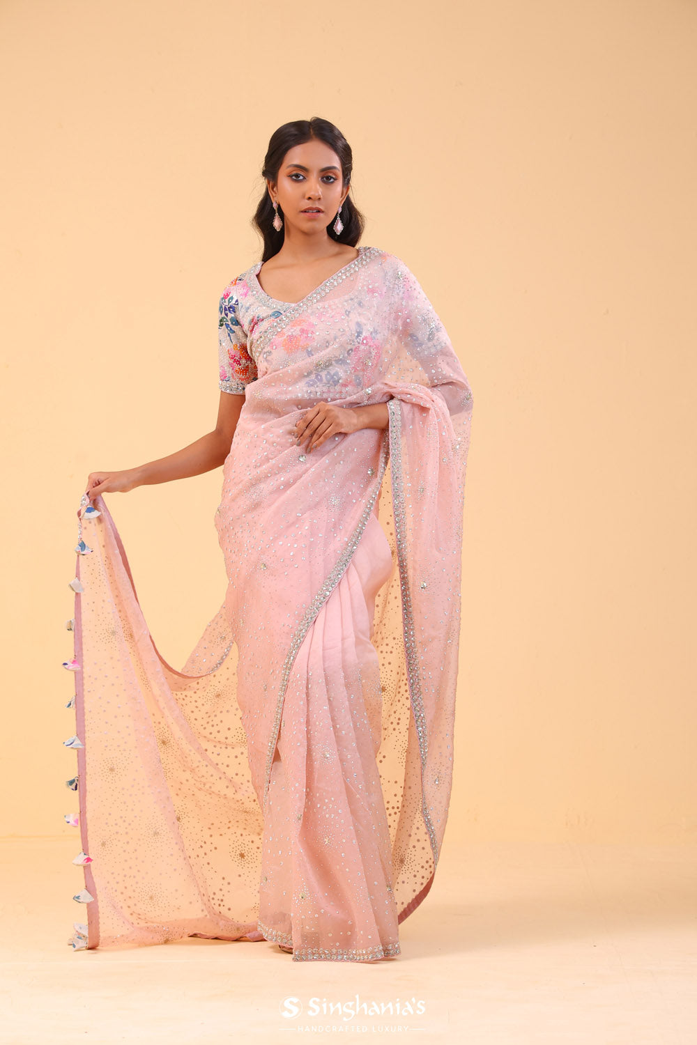 Pearl Pink Organza Handcrafted Saree