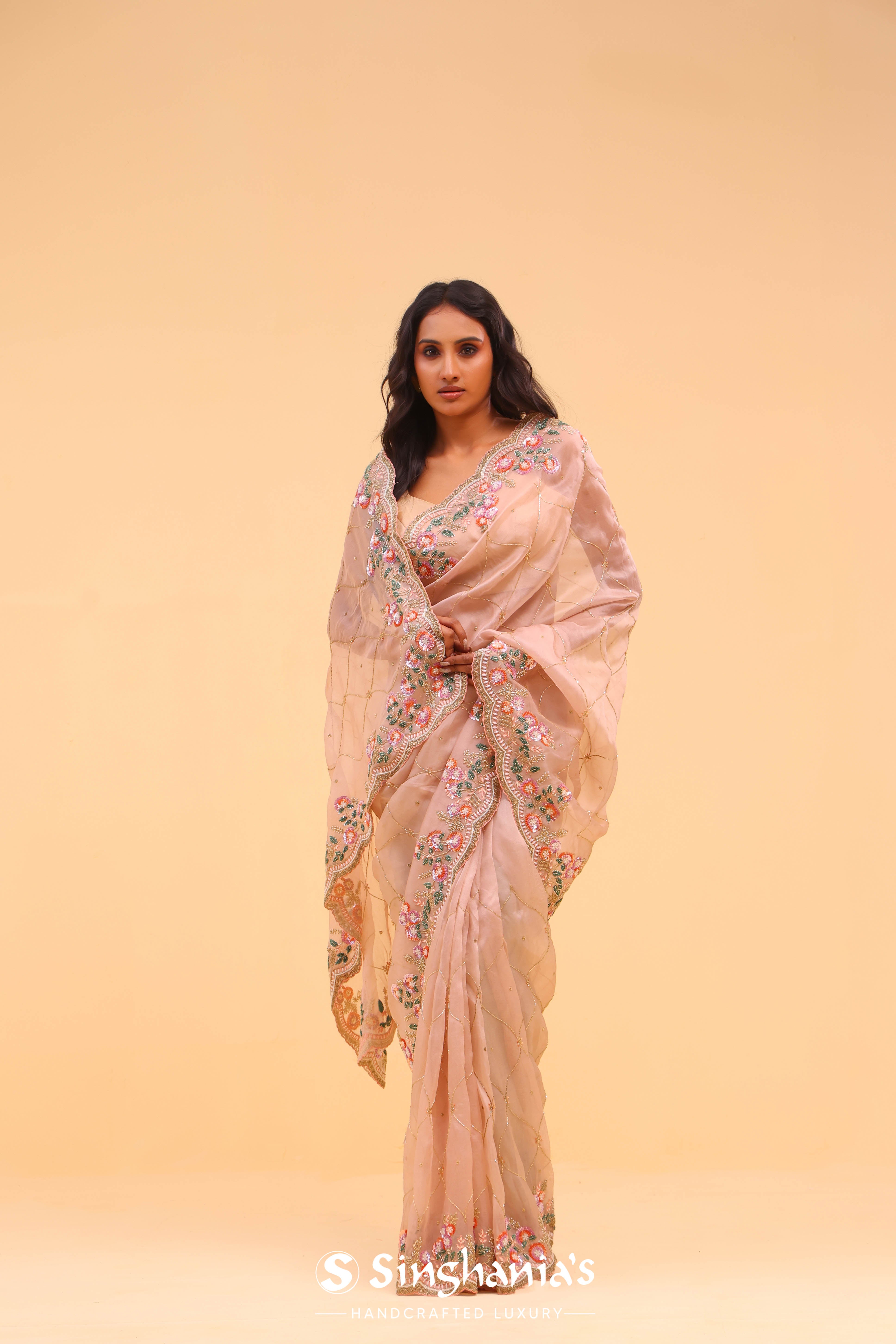 Almond Brown Organza Handcrafted Saree