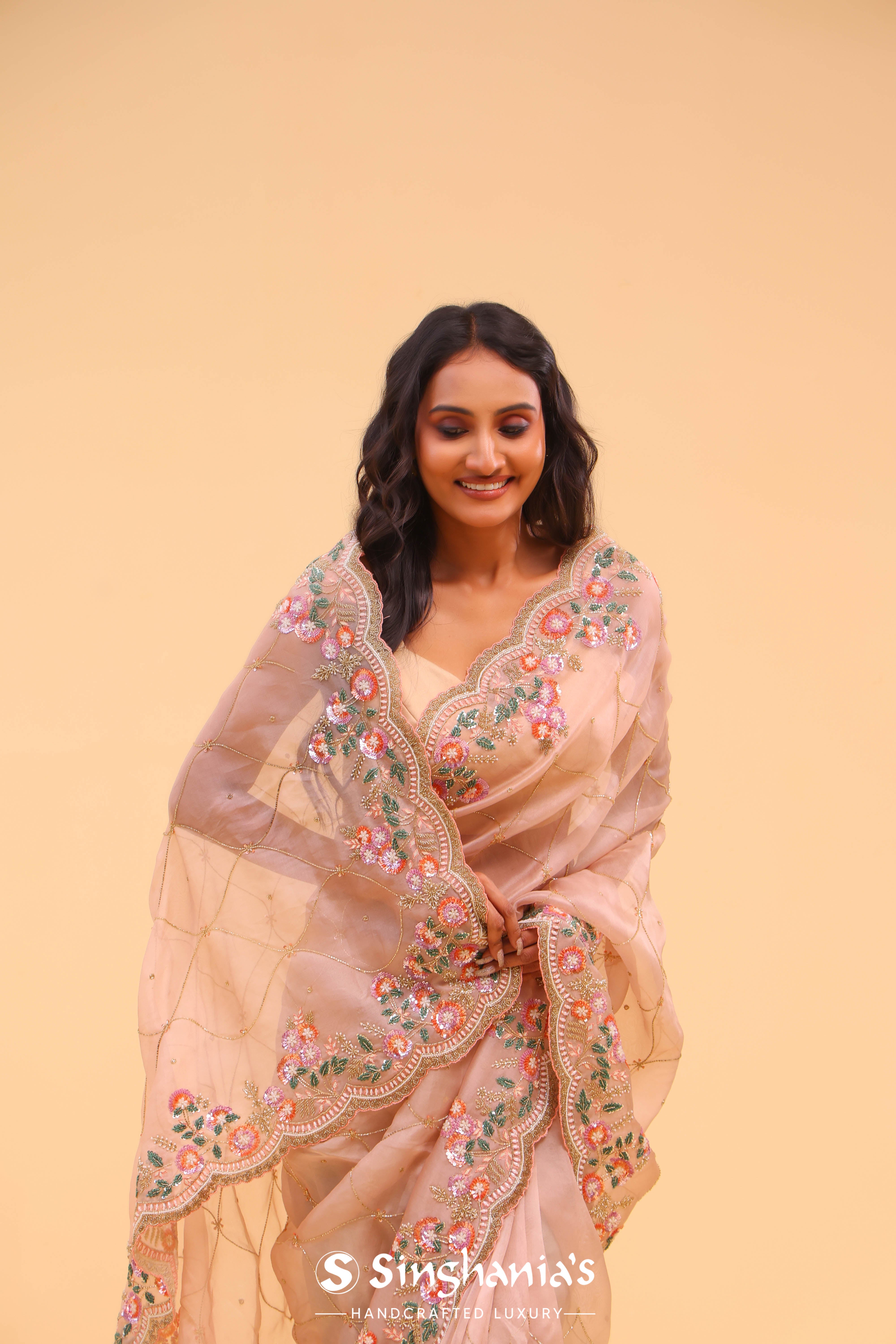 Almond Brown Organza Handcrafted Saree