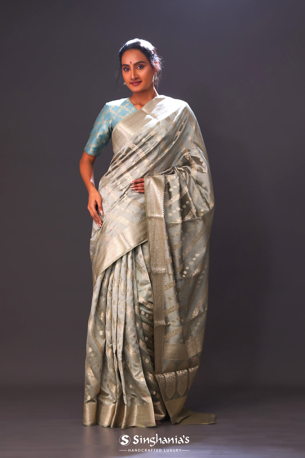 Artichoke Green Floral Chiniya Banarasi Silk Saree