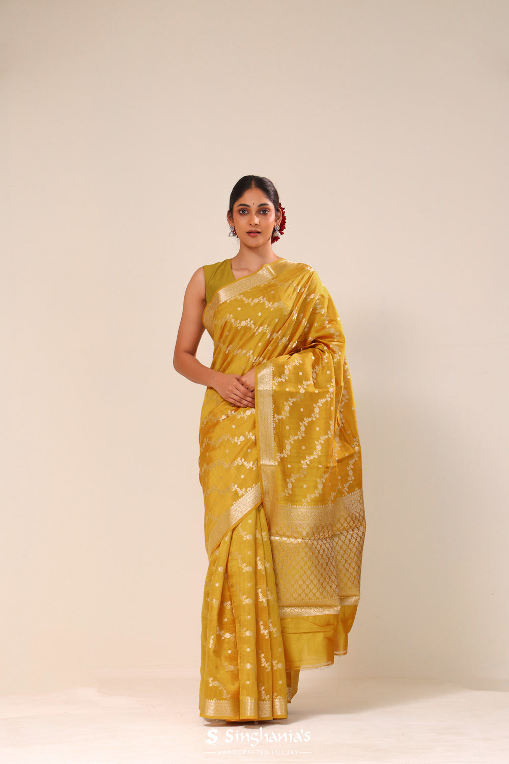 Durian Yellow Chiniya Banarasi Silk Saree