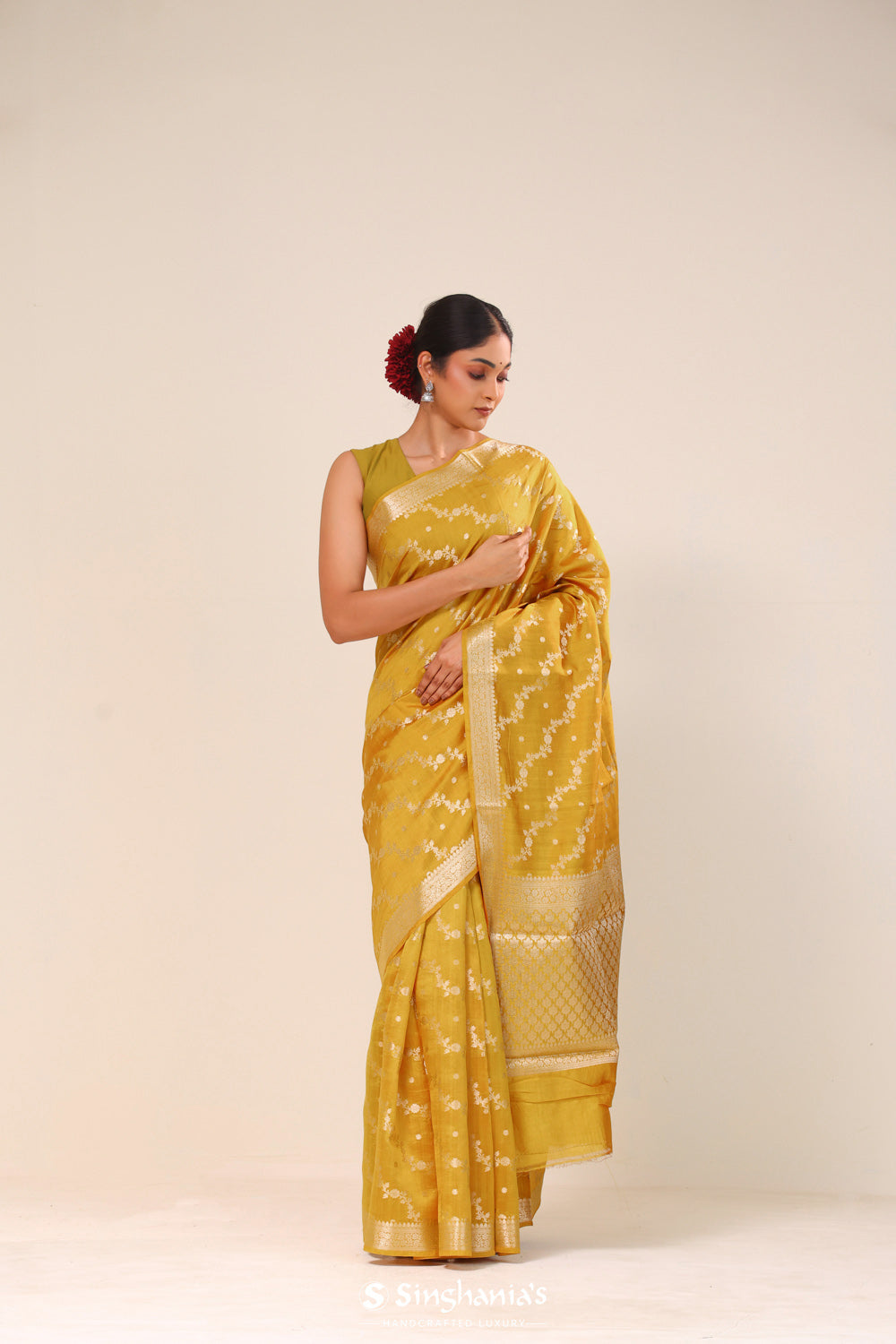 Durian Yellow Chiniya Banarasi Silk Saree