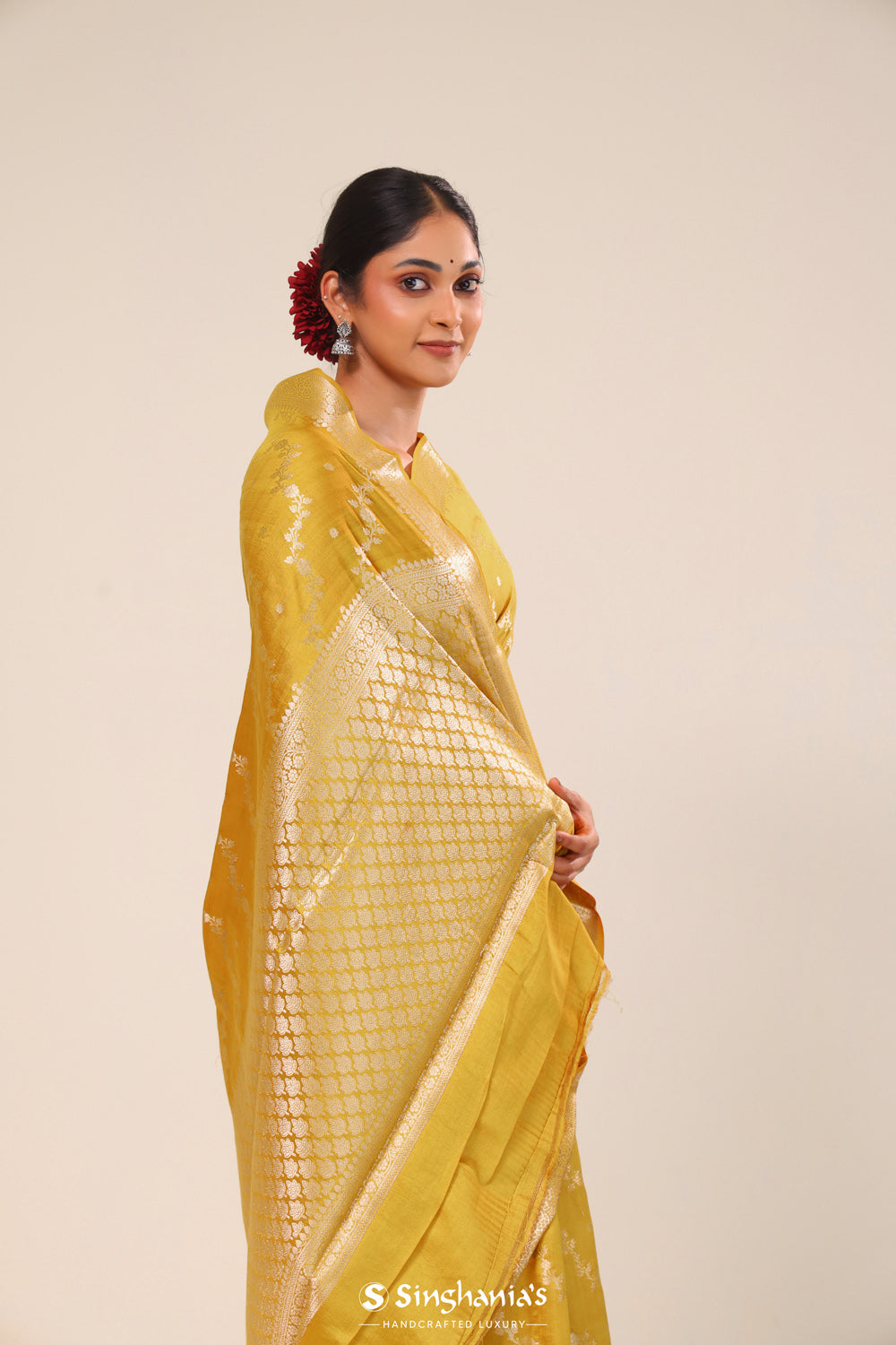 Durian Yellow Chiniya Banarasi Silk Saree