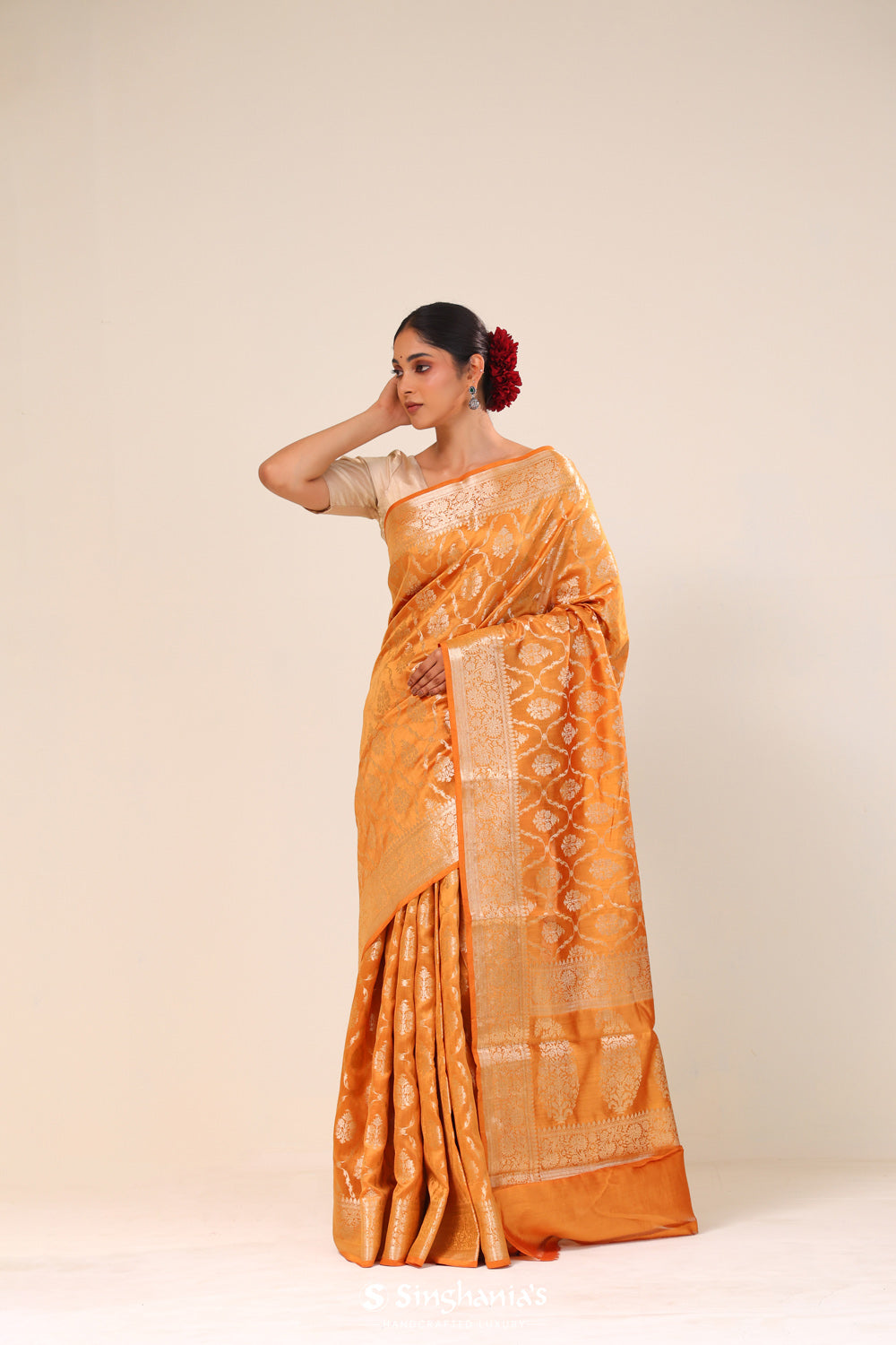 Yellow Orange Chiniya Banarasi Silk Saree