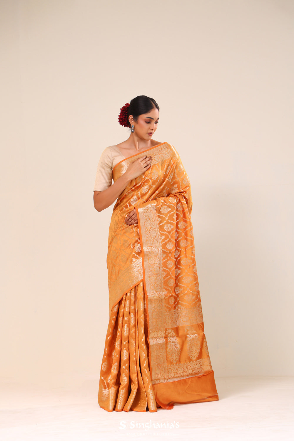 Yellow Orange Chiniya Banarasi Silk Saree