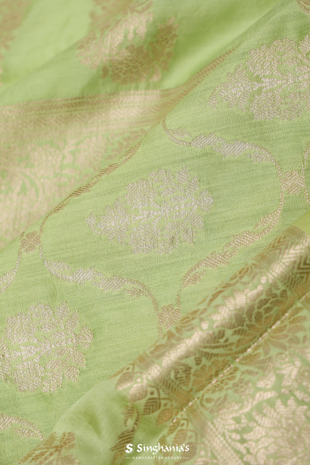 Apple Green Floral Jaal Chiniya Banarasi Silk Saree