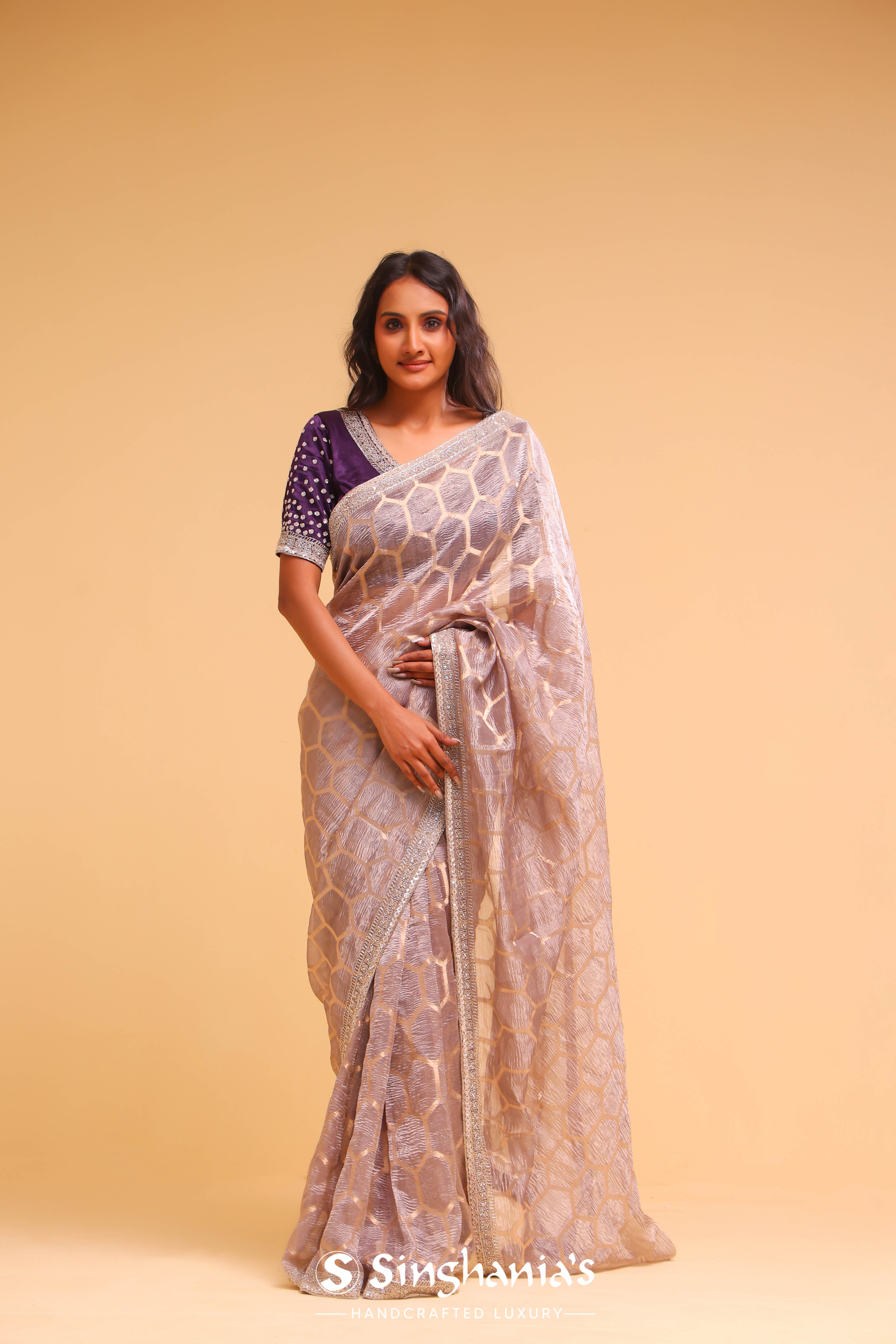 Pastel Beige Crushed Tissue Handcrafted Saree