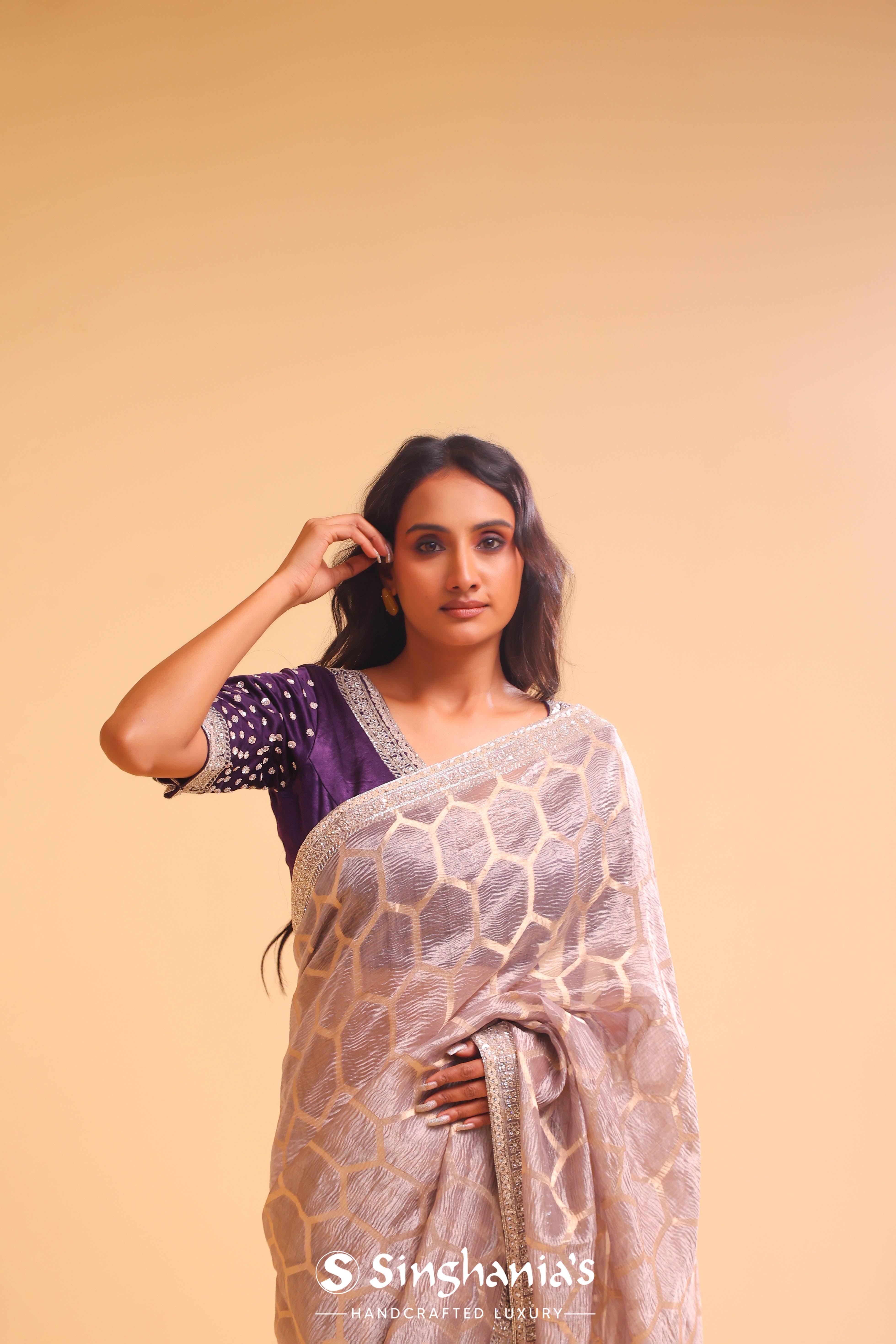 Pastel Beige Crushed Tissue Handcrafted Saree