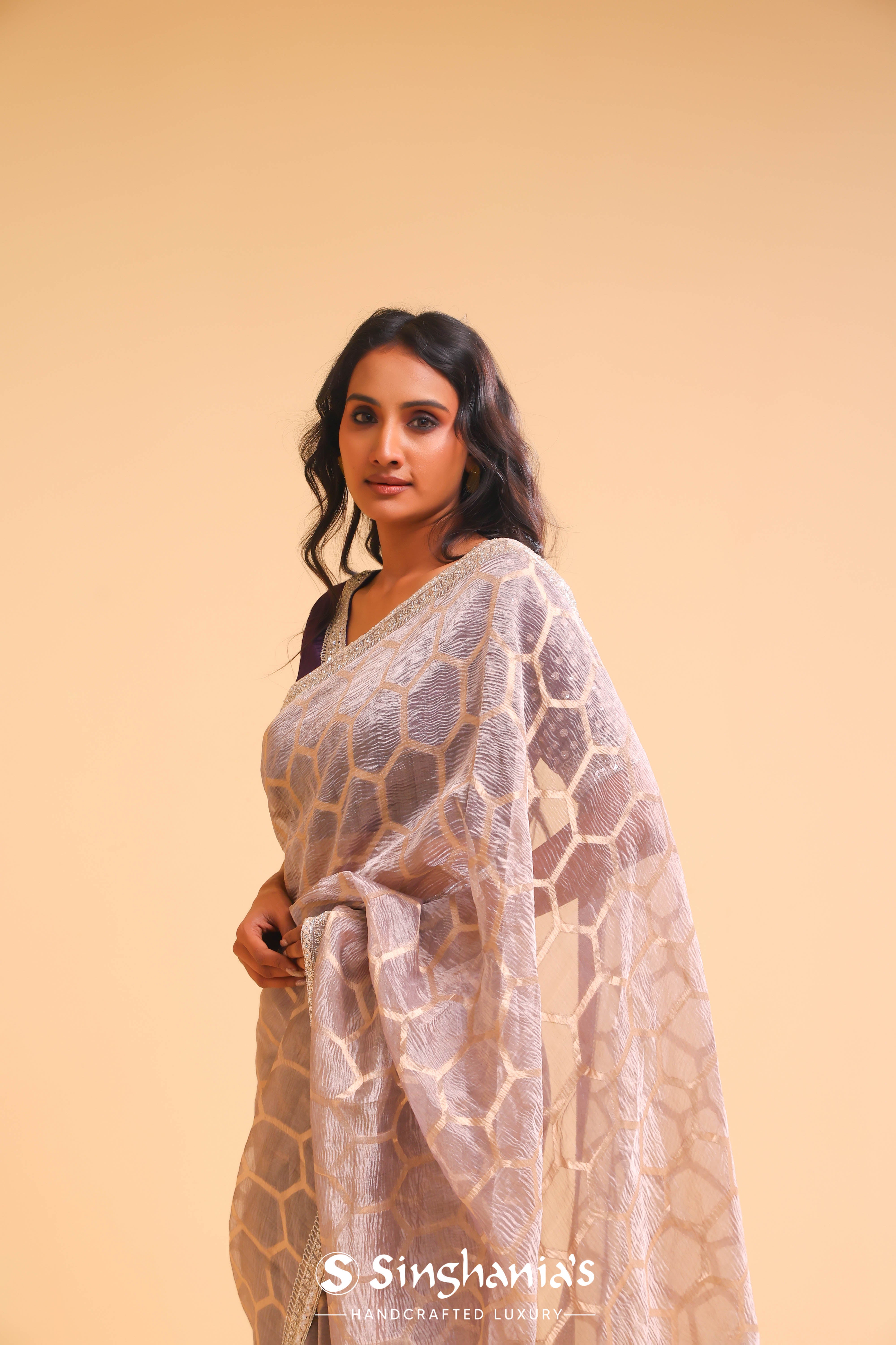 Pastel Beige Crushed Tissue Handcrafted Saree