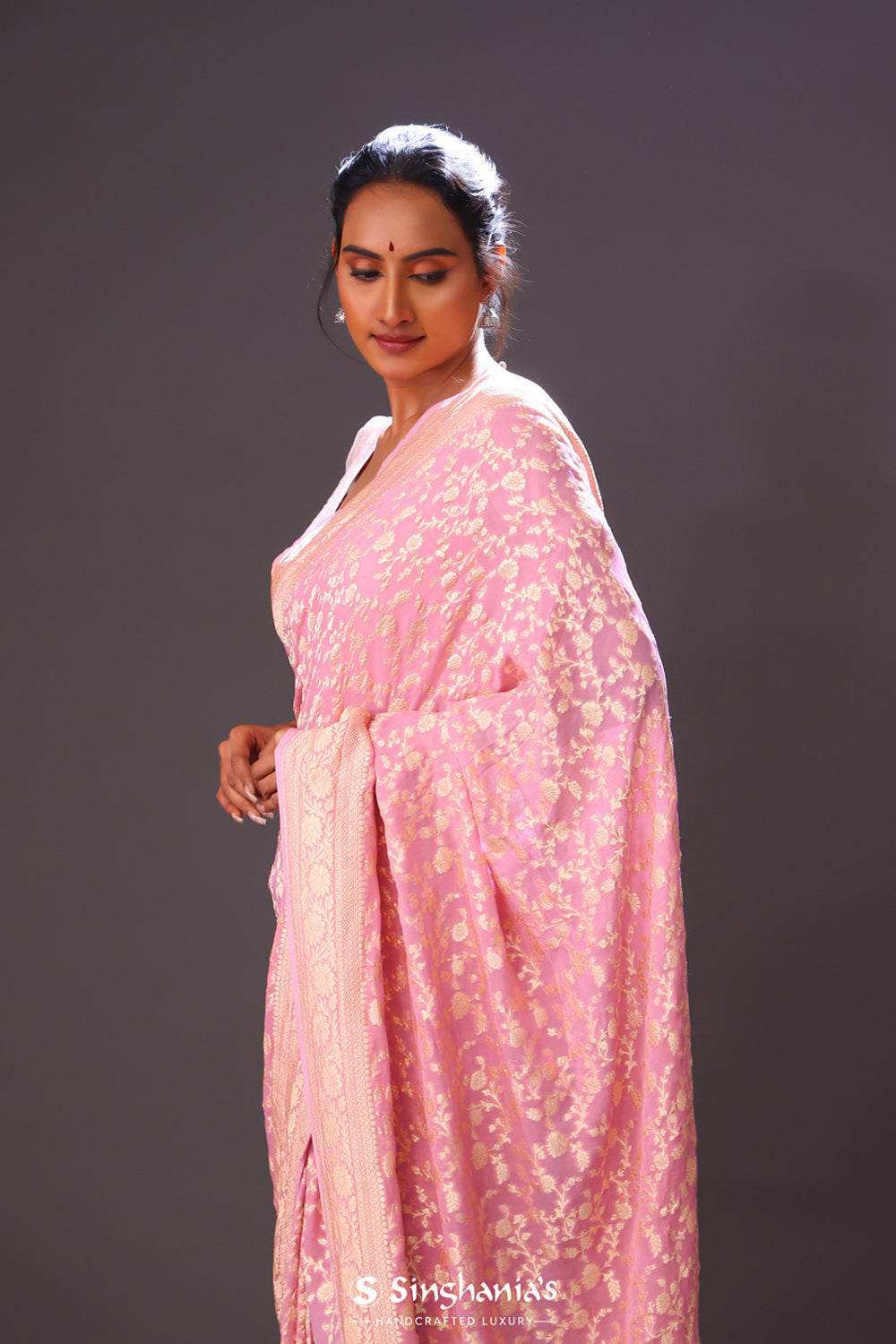 Flamingo Pink Jaal Banarasi Silk Saree