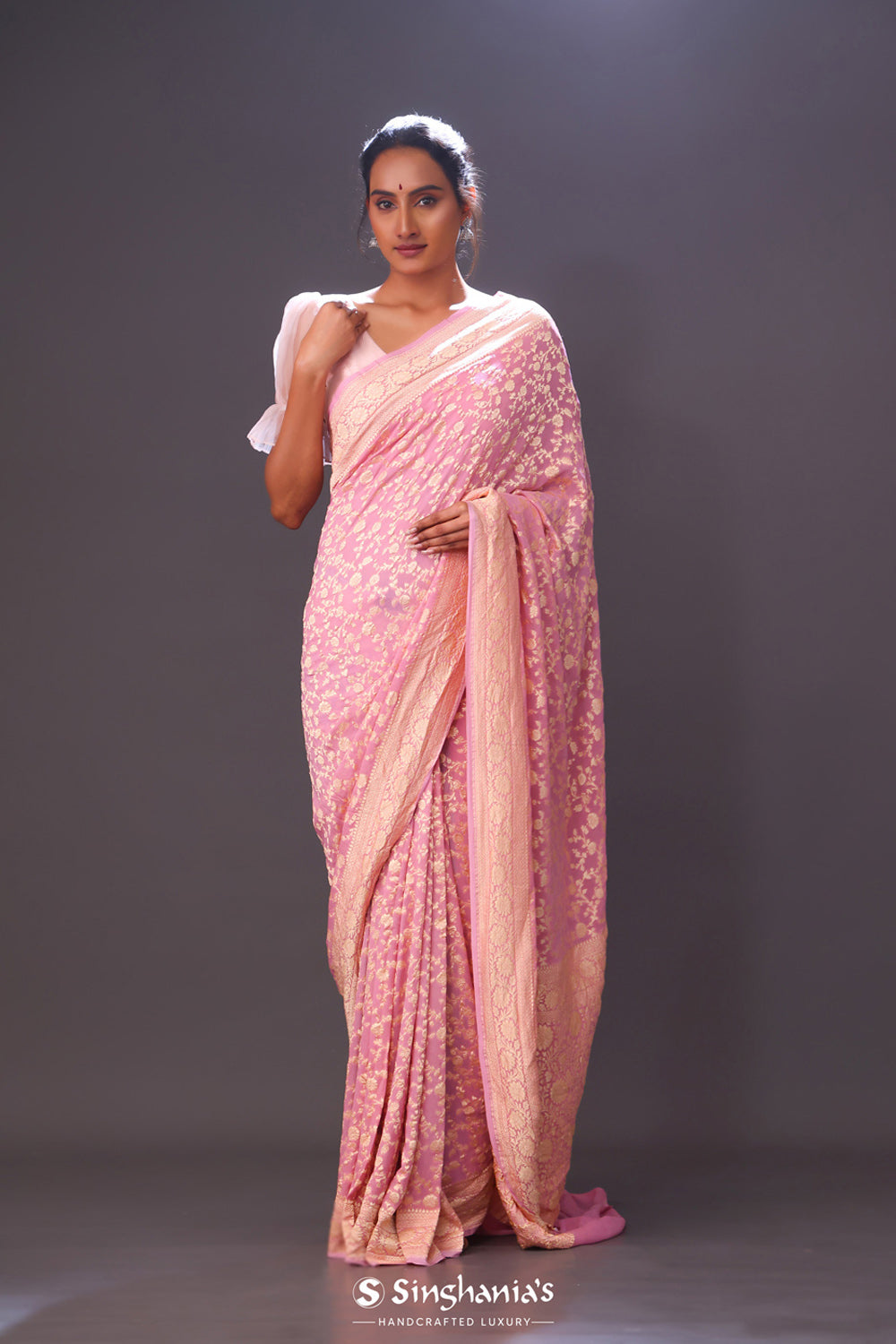 Flamingo Pink Jaal Banarasi Silk Saree