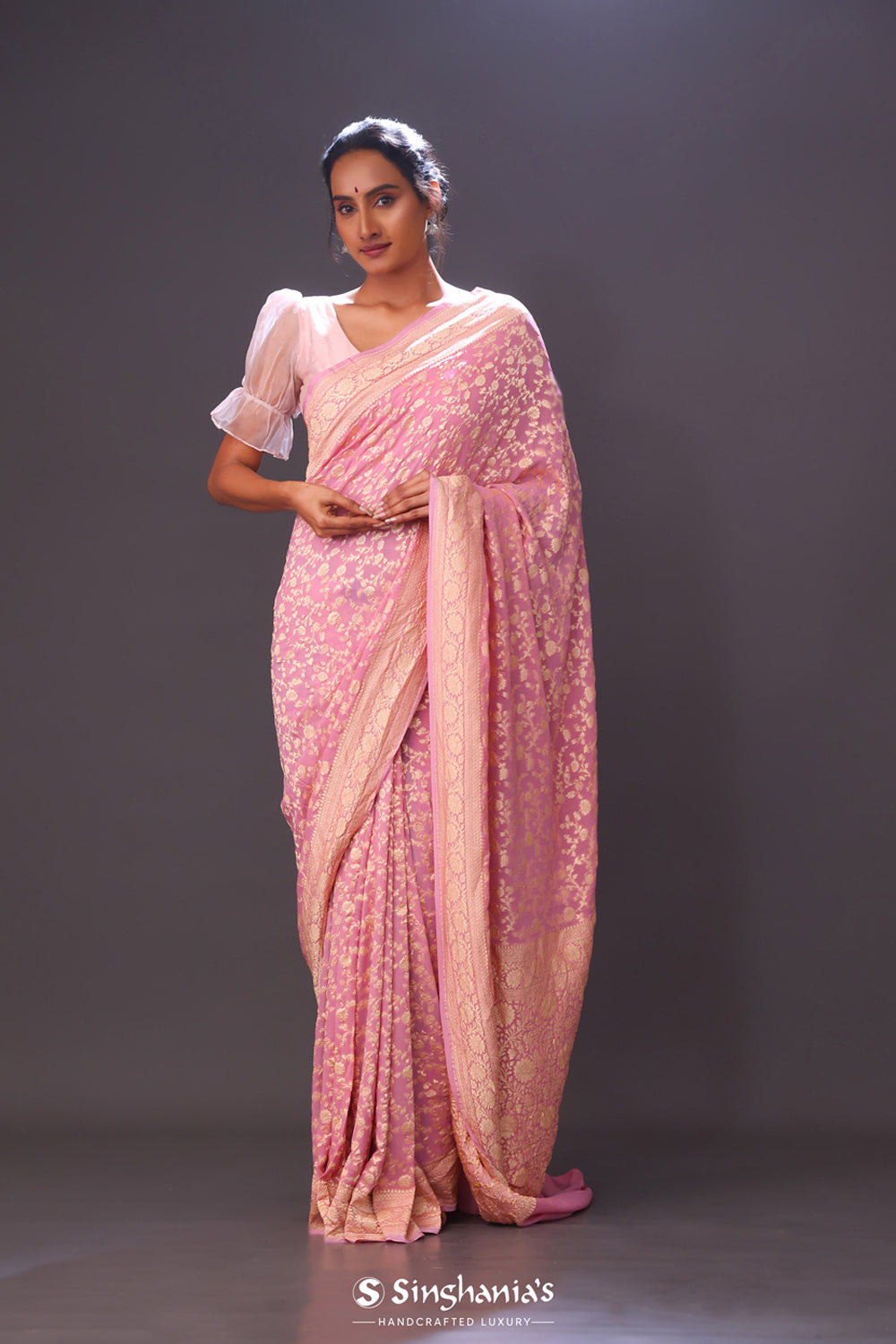 Flamingo Pink Jaal Banarasi Silk Saree