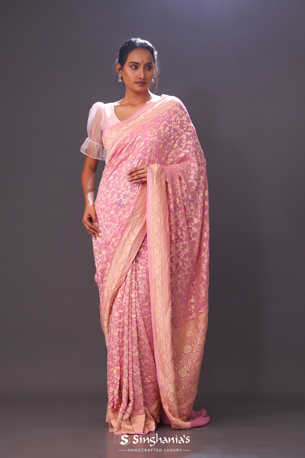 Flamingo Pink Jaal Banarasi Silk Saree