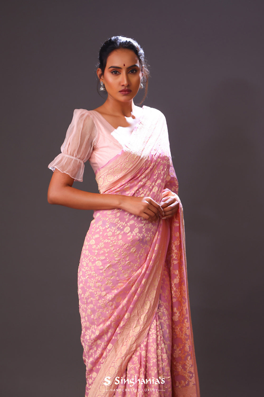 Flamingo Pink Jaal Banarasi Silk Saree